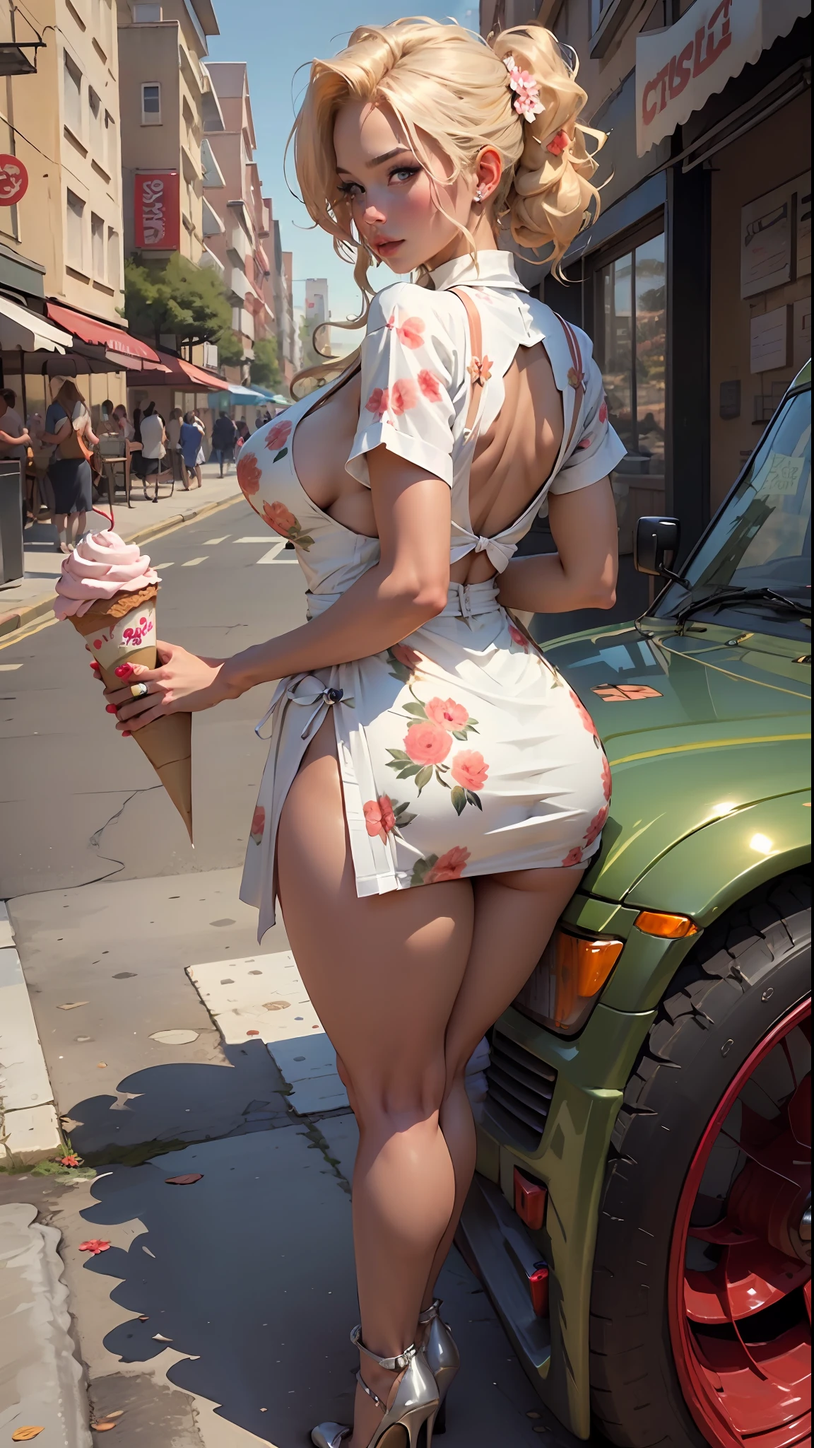 Beautiful woman, blonde, dyed hair, sells outdoor ice cream with cleavage, sexy look, thick thighs, long black cables, extremely detailed, high heels, off the back, flowers, strawberry print on apron, colorful