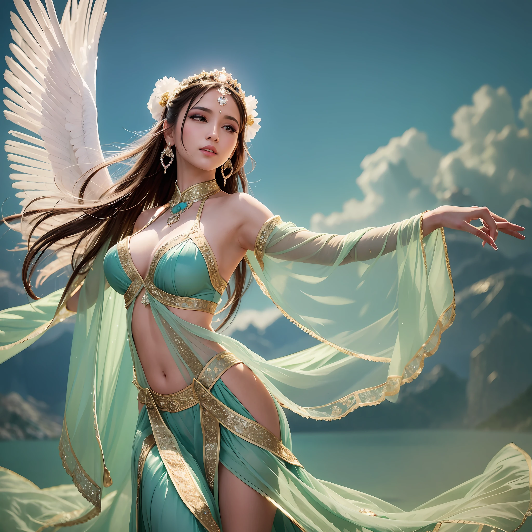 A color photo of a dance performance, beautiful angel face,realitic,set against a backdrop of a heavenly palace in the clouds, next to the Jade Pool. The dancer is wearing an elegant and flowing costume, with long trailing sleeves that resemble feathered wings. The dancer's movements are graceful and fluid, as if she is flying in the sky. The atmosphere is divine and serene. The photo utilizes specific camera settings, including a particular camera model, film type, and lens techniques. A collaboration of creative professionals from various fields will work together to uniquely capture the beauty and magic of the dance