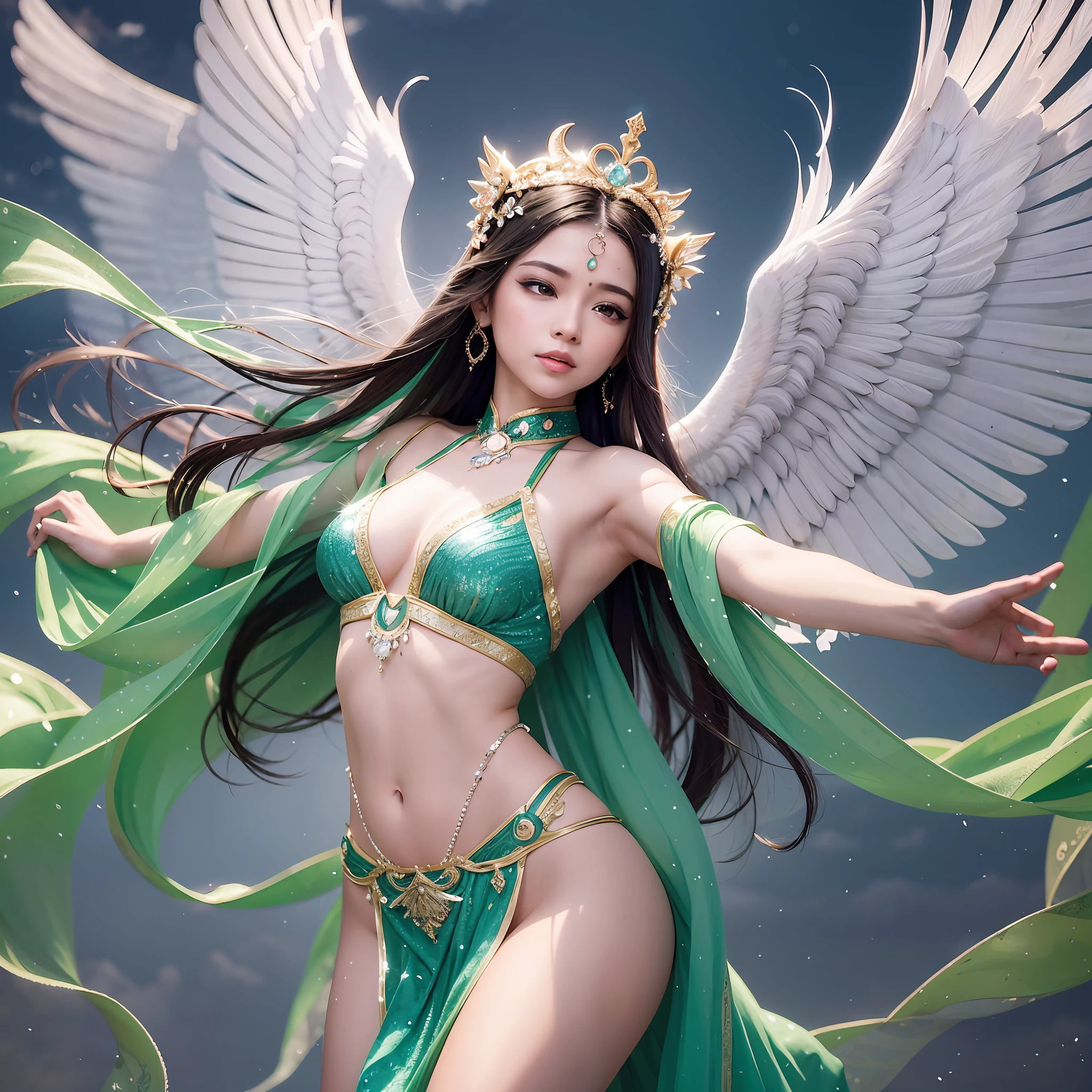 A color photo of a dance performance, beautiful angel face,realitic,set against a backdrop of a heavenly palace in the clouds, next to the Jade Pool. The dancer is wearing an elegant and flowing costume, with long trailing sleeves that resemble feathered wings. The dancer's movements are graceful and fluid, as if she is flying in the sky. The atmosphere is divine and serene. The photo utilizes specific camera settings, including a particular camera model, film type, and lens techniques. A collaboration of creative professionals from various fields will work together to uniquely capture the beauty and magic of the dance