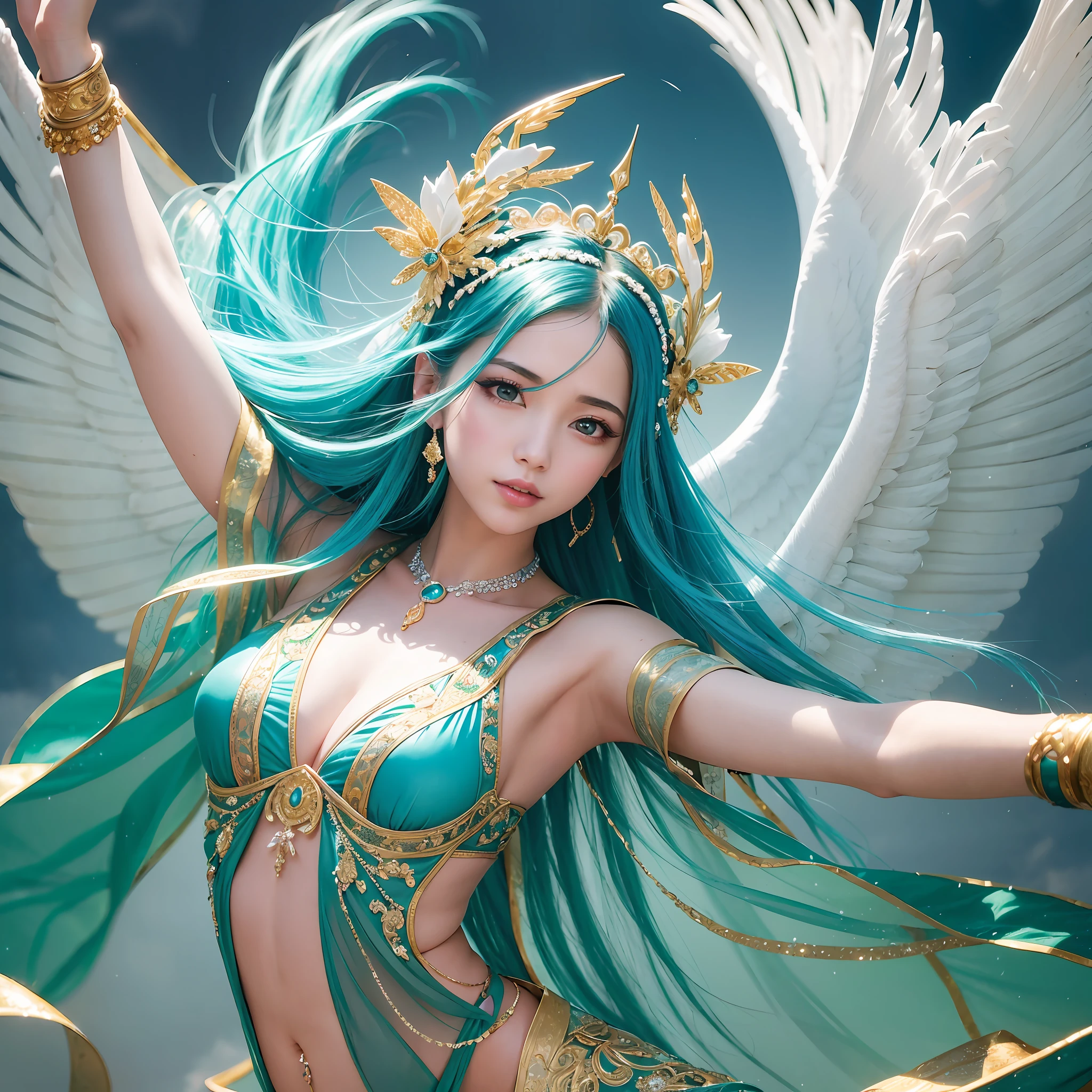 A color photo of a dance performance, beautiful angel face，realitic，set against a backdrop of a heavenly palace in the clouds, next to the Jade Pool. The dancer is wearing an elegant and flowing costume, with long trailing sleeves that resemble feathered wings. The dancer's movements are graceful and fluid, as if she is flying in the sky. The atmosphere is divine and serene. The photo utilizes specific camera settings, including a particular camera model, film type, and lens techniques. A collaboration of creative professionals from various fields will work together to uniquely capture the beauty and magic of the dance