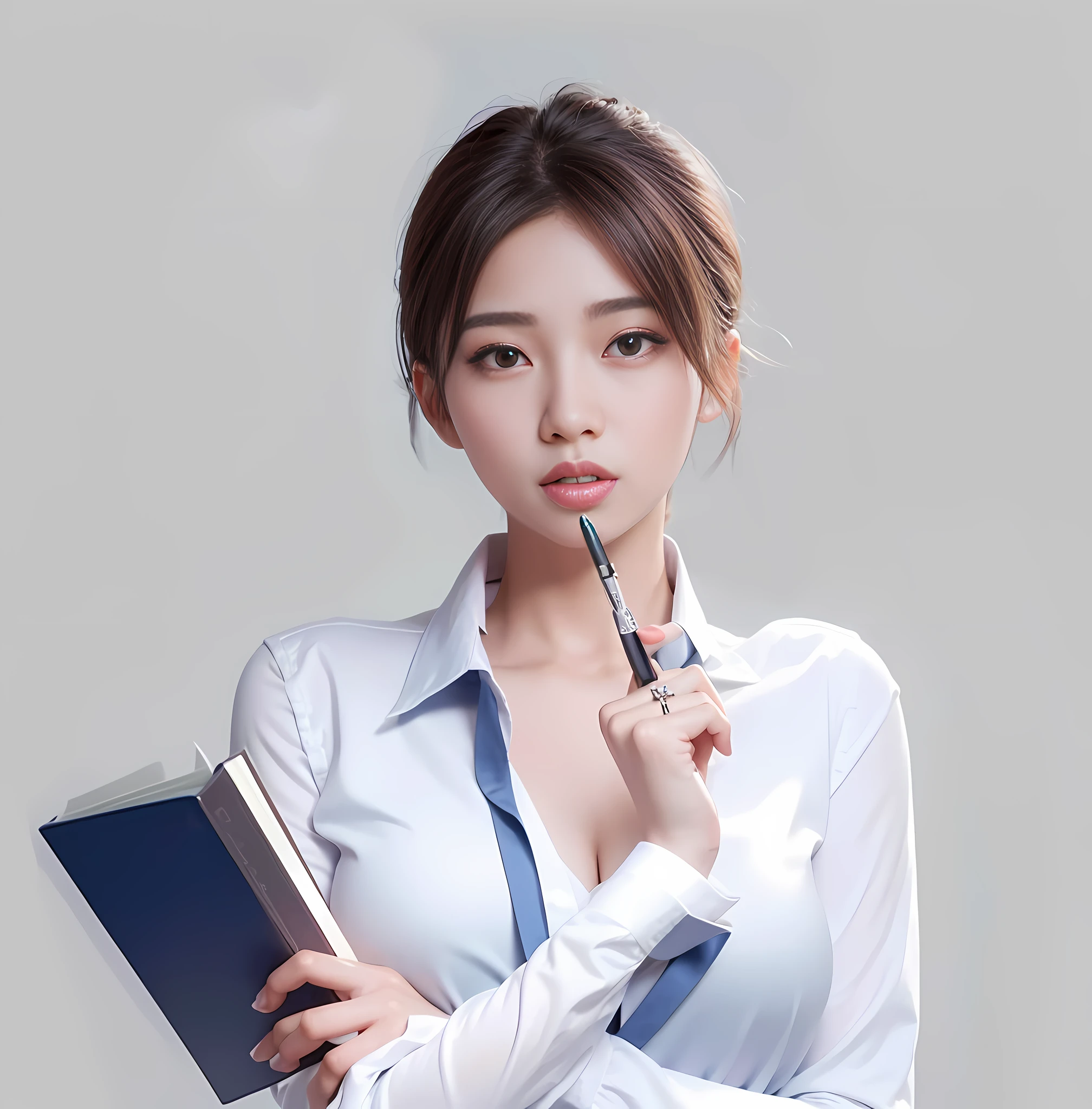 there is a woman holding a pen and a book in her hand, korean girl, sakimichan, portrait of female korean idol, jaeyeon nam, korean woman, beautiful south korean woman, a hyperrealistic schoolgirl, by Yang J, heonhwa choe, korean artist, ig model | artgerm, gorgeous young korean woman, hyperrealistic schoolgirl