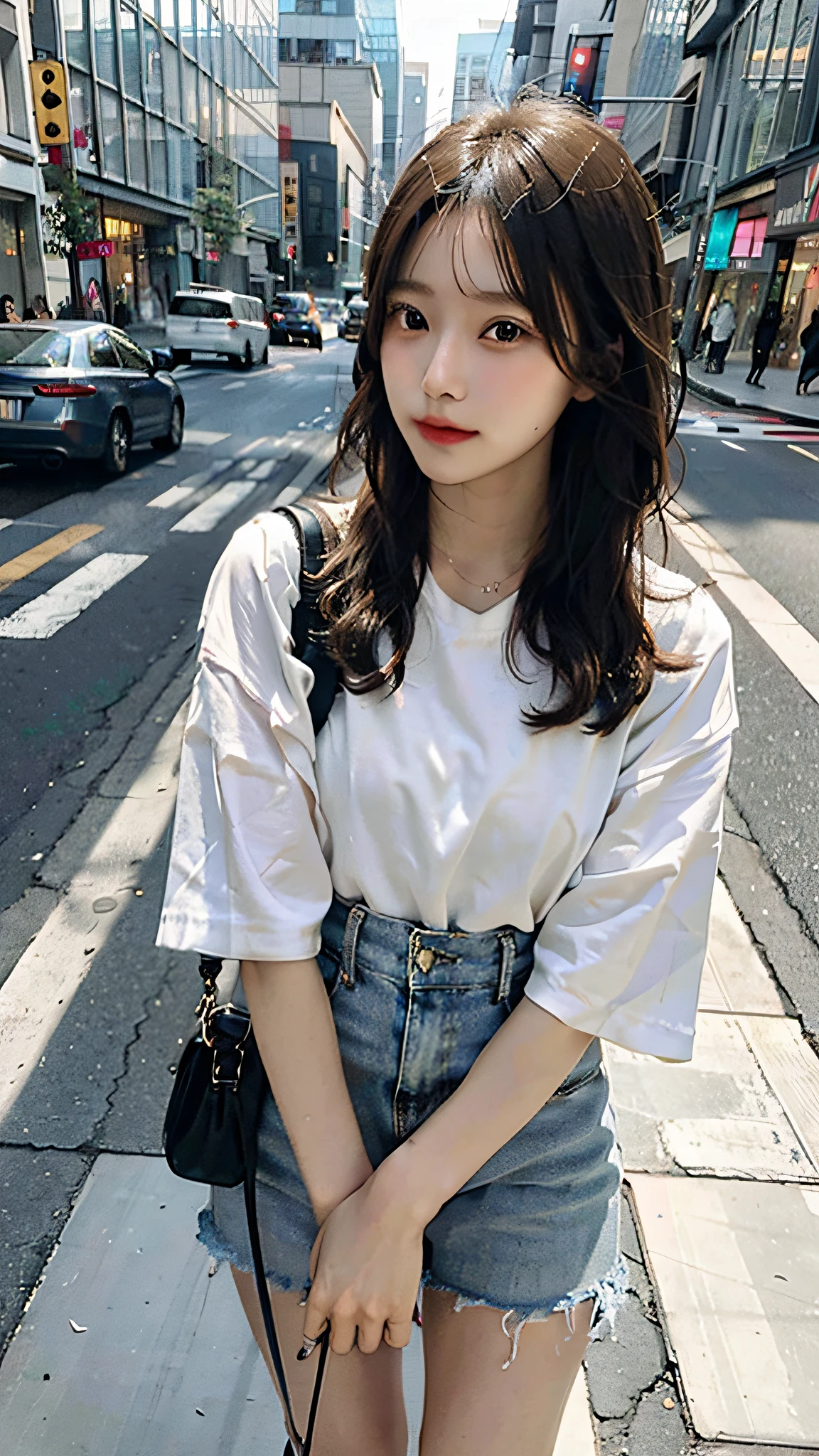 Beautiful woman, fiddling with cell phone in the middle of the street, short clothes