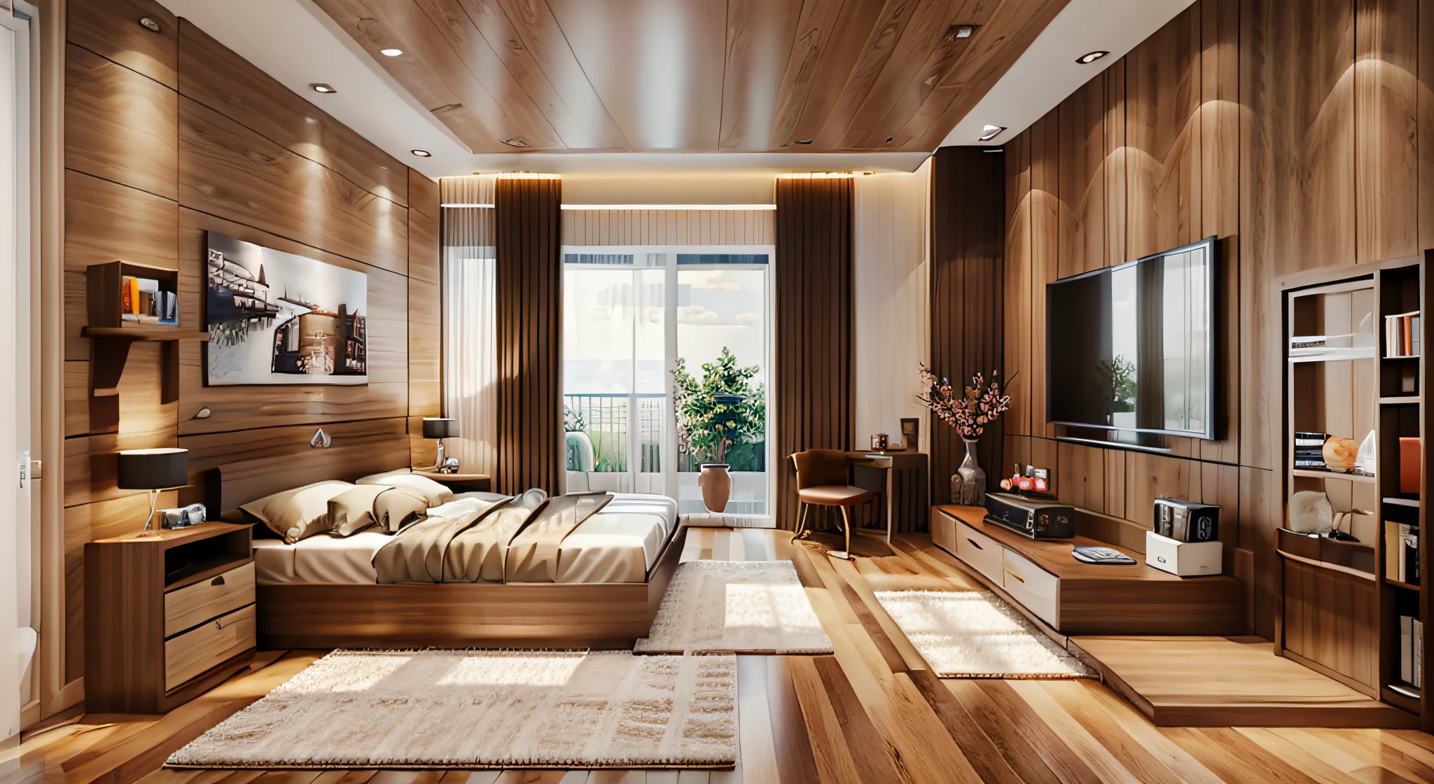 Masterpiece, high quality, best quality, authentic, super realistic, super detail, interior,modern bedroom, rug,wooden floor,window,curtains,daylight,vray