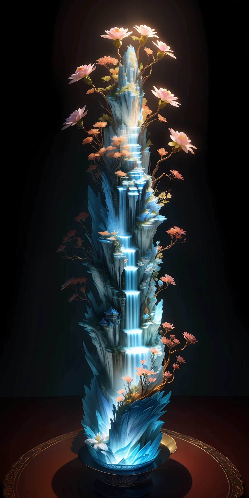best quality, realistic, photorealistic, ultra detailed, "Mountain of Flower and Fruit+Fairy+Chinese Architecture" highly detailed carving on "southern ice" porcelain,Ultra wide angle,Accent Lighting,Volumetric Lighting,backlighting, (detailed light),((an extremely delicate and beautiful)),dramatic_shadow,ray_tracing,hdr