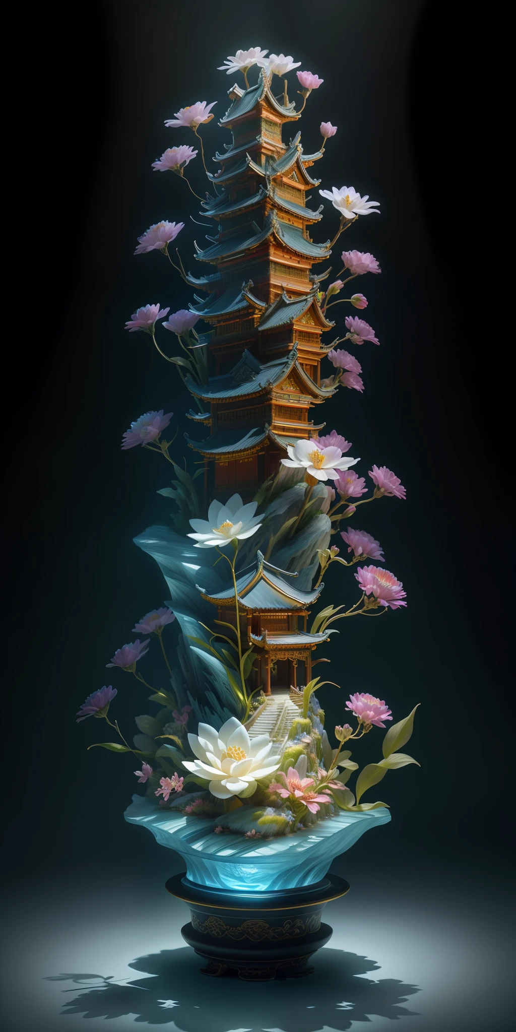 best quality, realistic, photorealistic, ultra detailed, "Mountain of Flower and Fruit+Fairy+Chinese Architecture" highly detailed carving on "southern ice" porcelain,Ultra wide angle,Accent Lighting,Volumetric Lighting,backlighting, (detailed light),((an extremely delicate and beautiful)),dramatic_shadow,ray_tracing,hdr