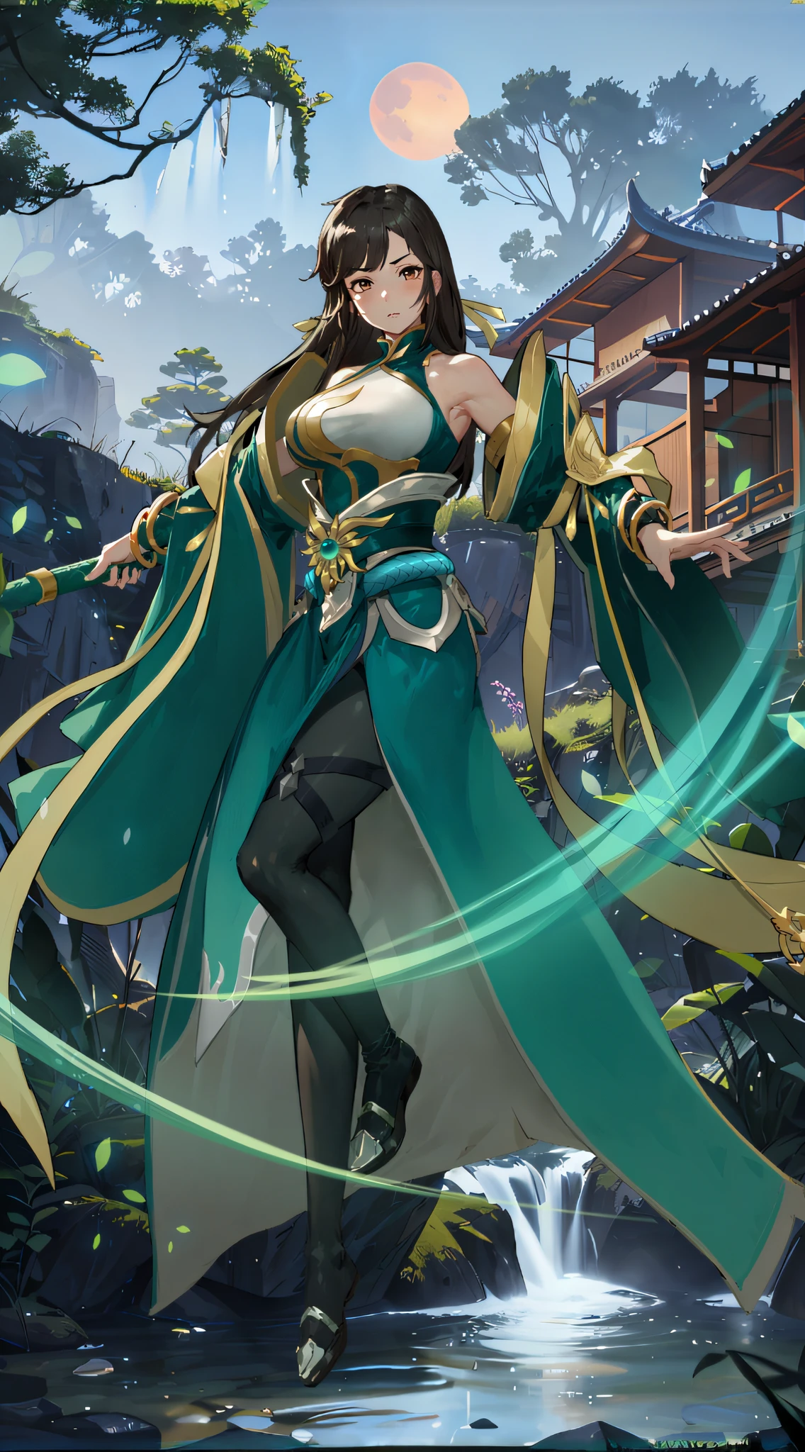 anime - style image of a woman in a green and gold outfit, inspired by Lan Ying, full body xianxia, inspired by Ju Lian, inspired by Li Tang, keqing from genshin impact, onmyoji detailed art, heise jinyao, g liulian art style, artgerm and atey ghailan