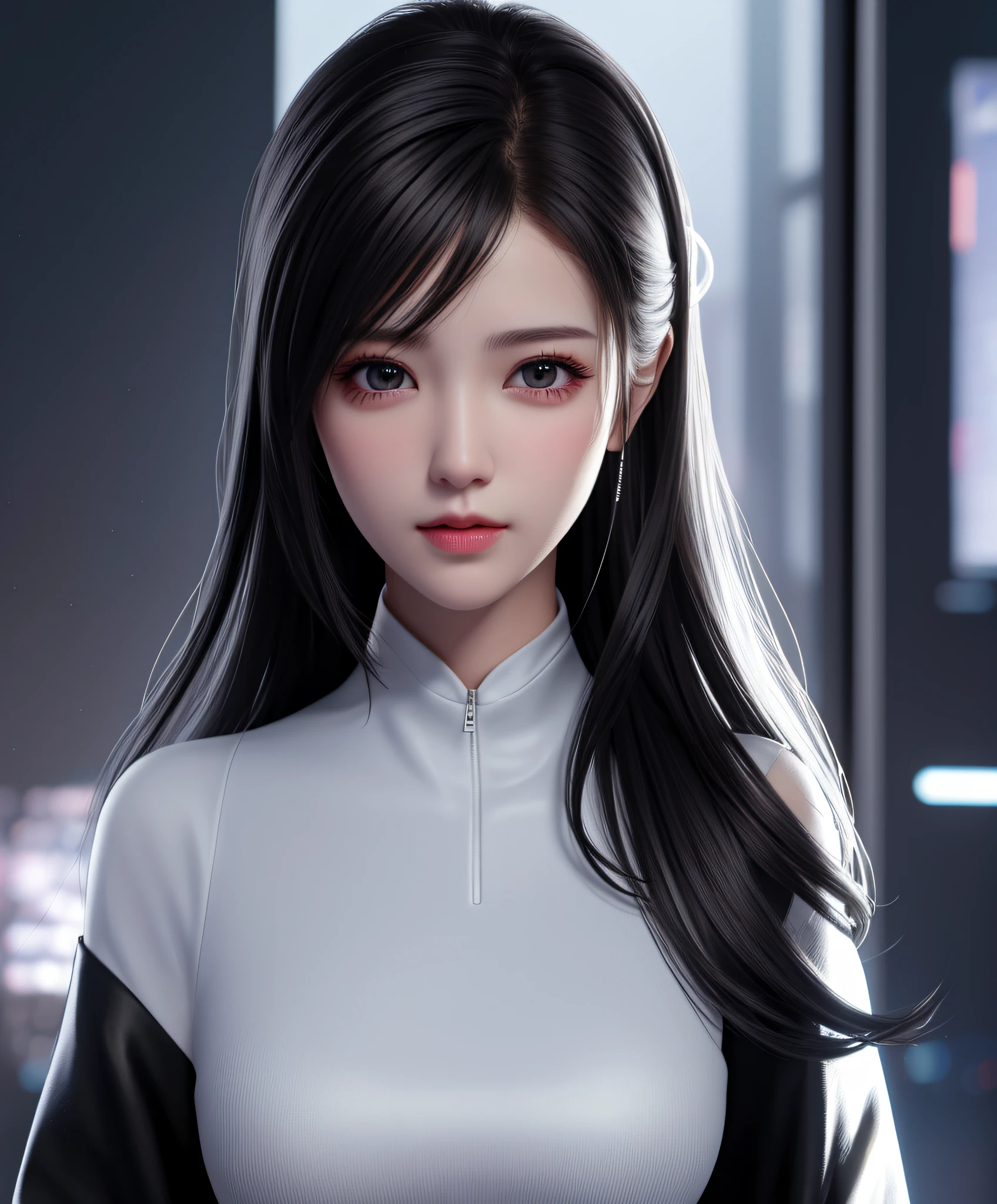 Best Quality, Masterpiece, High Resolution, 1Girl, Front, Beautiful Face, Black and White Tech Coat, Bust Photo, Clothes Without Labels, Clothes Without Text, Tech Sense, Cyberpunk, Realistic, Edge Lighting, Two-Color Lighting, (High Detail Skin: 1.2), 8k UHD, DSLR, Soft Light, High Quality, Volumetric Light, Photo, High Resolution, 4K, 8K, Background Blur,