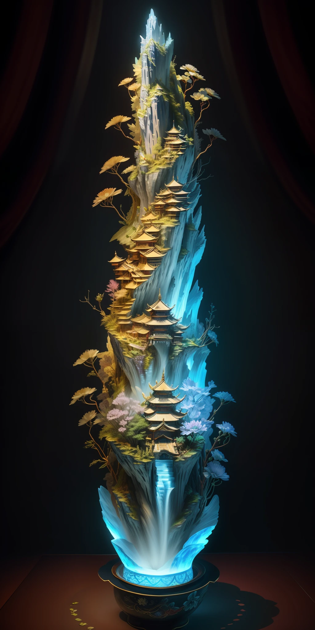 best quality, realistic, photorealistic,  ultra detailed, "Mountain of Flower and Fruit+Fairy+Chinese Architecture" highly detailed carving on "southern ice" porcelain,Ultra wide angle,Accent Lighting,Volumetric Lighting,backlighting, (detailed light),((an extremely delicate and beautiful)),dramatic_shadow,ray_tracing,hdr