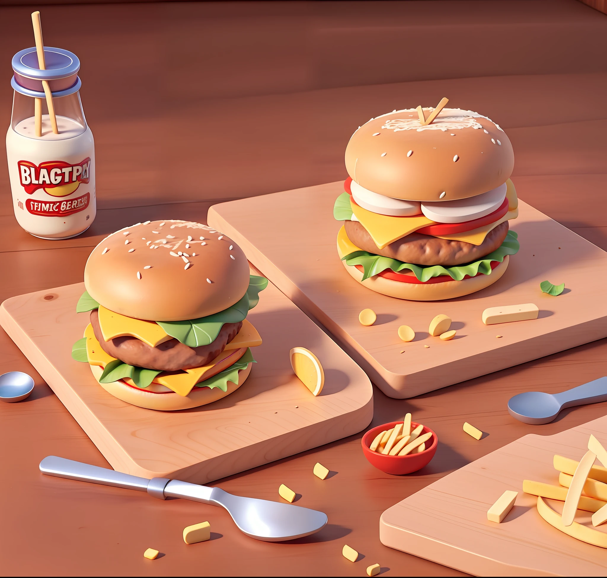 Western food, ketchup, wooden cutting board, burger, fries, 45 degree angle Pixar style, Disney style, cartoon, bright colors, perfect details, objects, UI