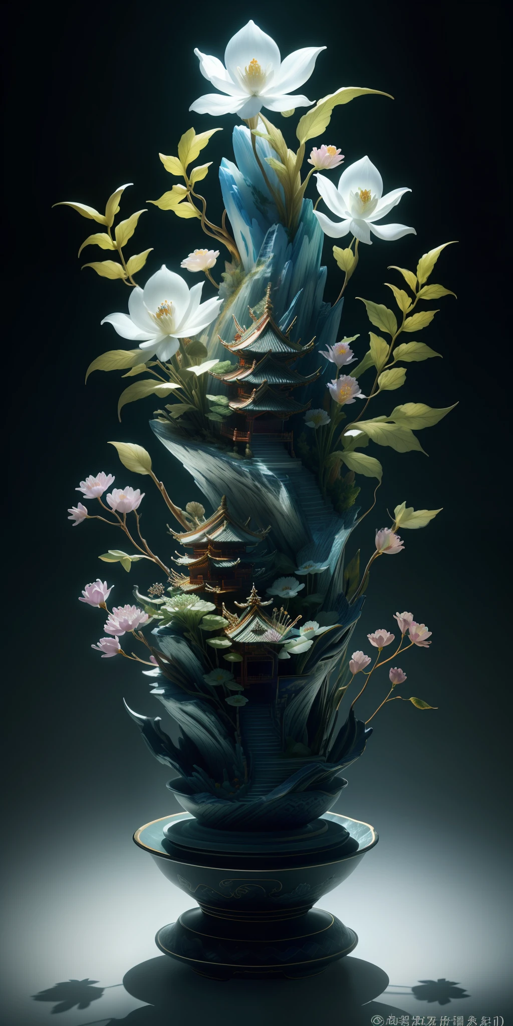best quality, realistic, photorealistic, ultra detailed, "Mountain of Flower and Fruit+Fairy+Chinese Architecture" highly detailed carving on "southern ice" porcelain,Ultra wide angle,Accent Lighting,Volumetric Lighting,backlighting, (detailed light),((an extremely delicate and beautiful)),dramatic_shadow,ray_tracing,hdr