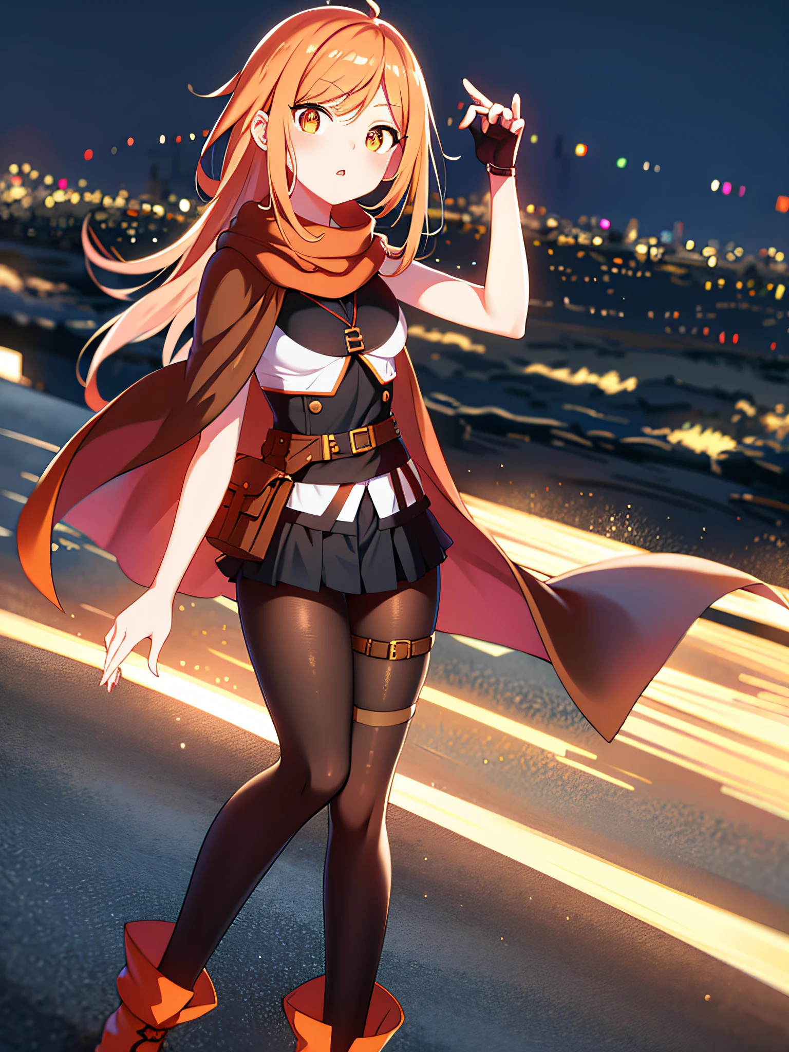 orange eyes light,richly faded light orange hair, anime 1girl, no skirt, brown military boots, pouch on the waist belt, khaki bikini, "black tights", "dark_orange knee pad on right leg",( night city:1.4), black long cloak, (good hand:1.5 ) good legs, (Good face: 1.5), 1girl, best hand, no worst hand. without clothes, in big city