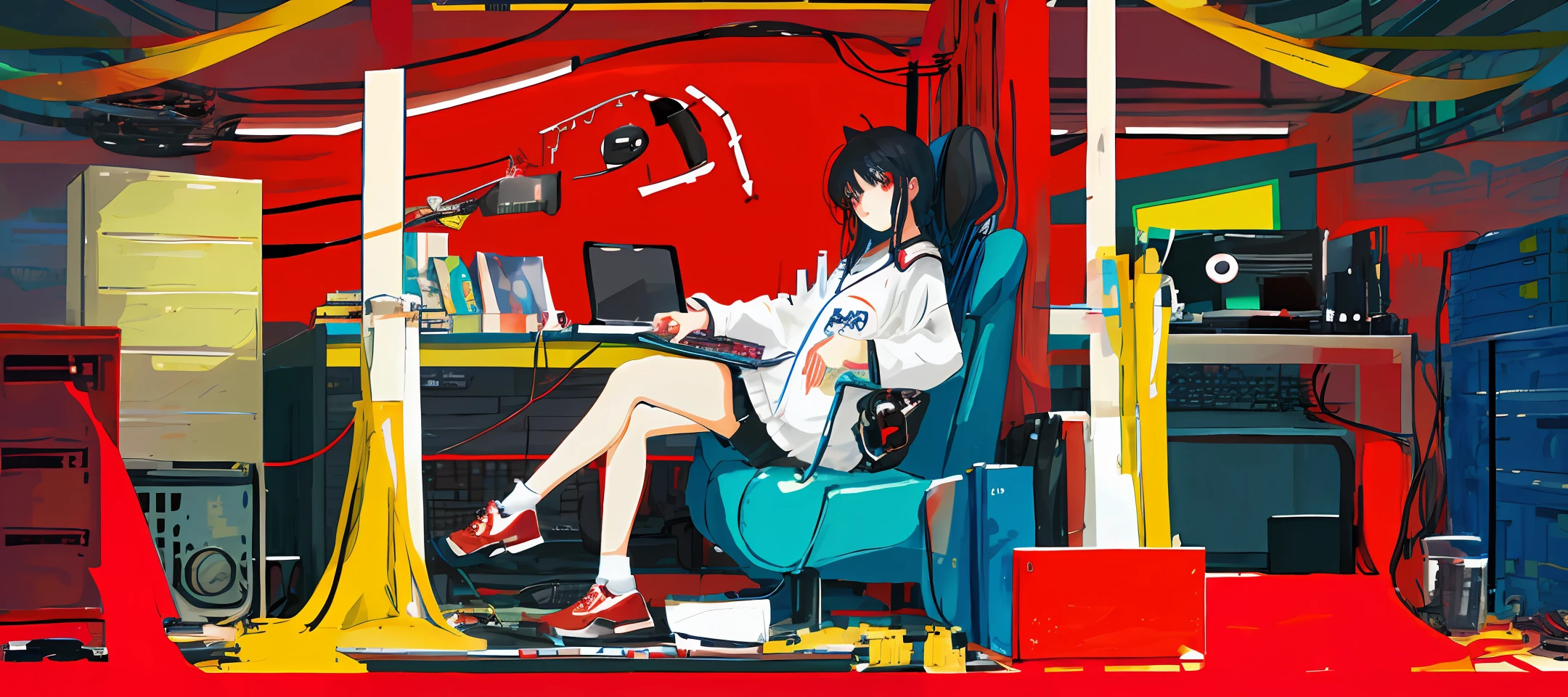 Anime style, girl, hair half black on the bottom half red, sitting in front of the computer, computer screen is stock candlestick diagram, horizontal composition