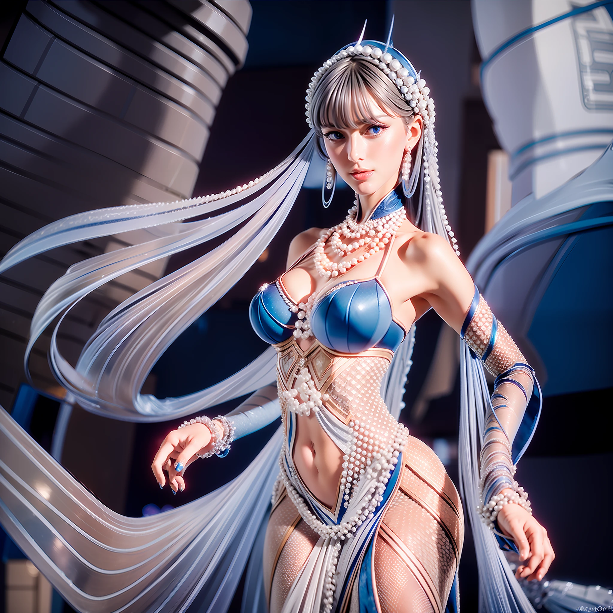 30 years age Woman, white long hair, wearing elegant long blue dress, Standing Inside the underwater building, Smile, face beauty, pearl necklace, wearing a mermaid headband, blue nail polish, blue eyes with a piercing gaze, Zoom in