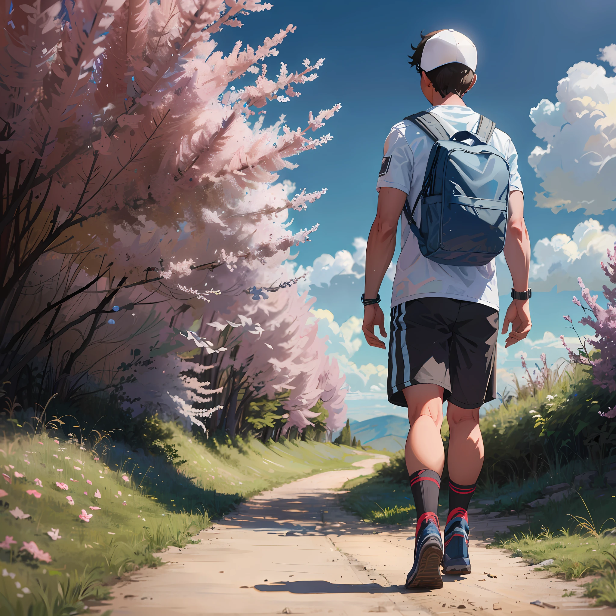 there is a man walking down a dirt road with a backpack, time to climb the mountain path, blossoming path to heaven, white shorts and hiking boots, best on adobe stock, spring day, man walking, shutterstock, a man wearing a backpack, walking away from camera, young man with short, walking away from the camera