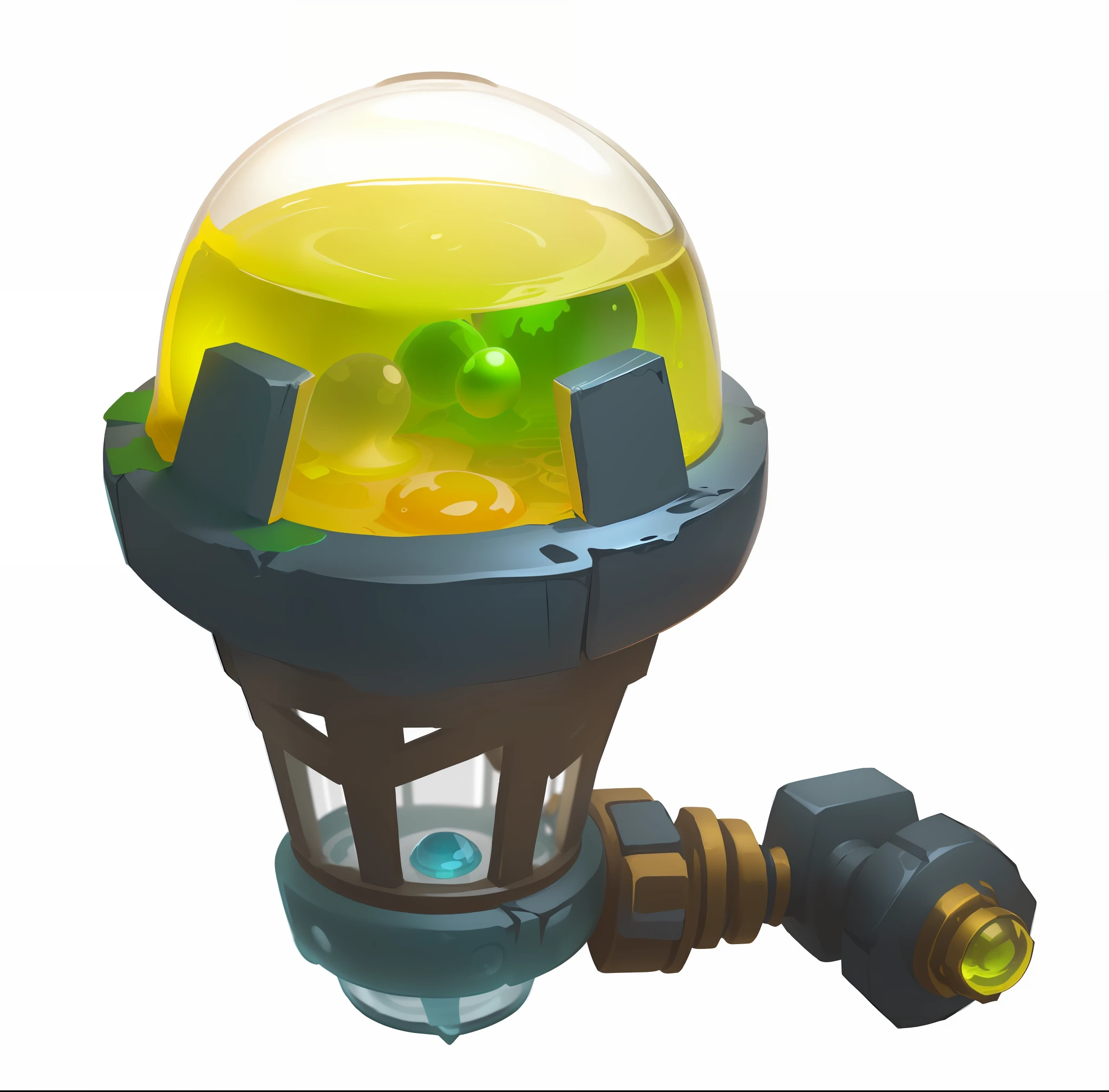 An upside-down vial of chemical reagents, yellow liquid inside, stylized concept art, stylized art, stylized shadows, stylized 3 D, stylized game icons, very stylized, slime rancher, agamento sphere, painting of a health potion, stylized game art, stylized --auto --s2