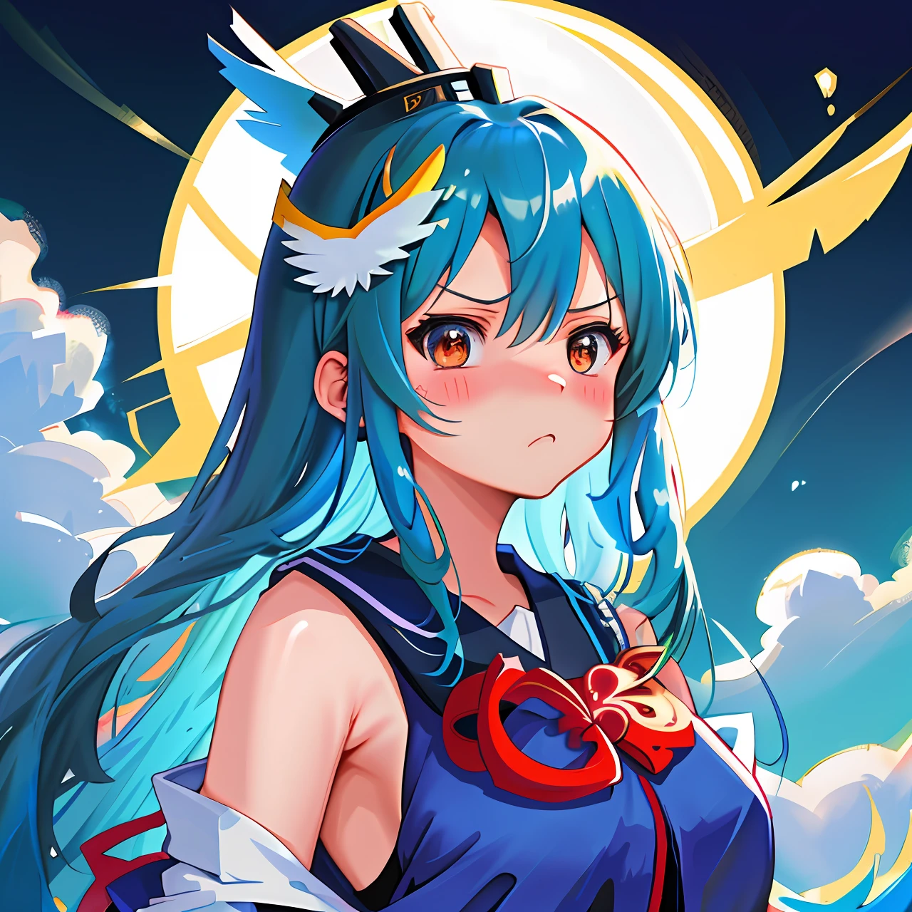 Illustration below, Japan anime, rakisuta, deformation
Illustration of a girl, twitter, blue long hair, angry with puffed cheeks, arms crossed, tsundere, twitter icon bird on head, twitter personification