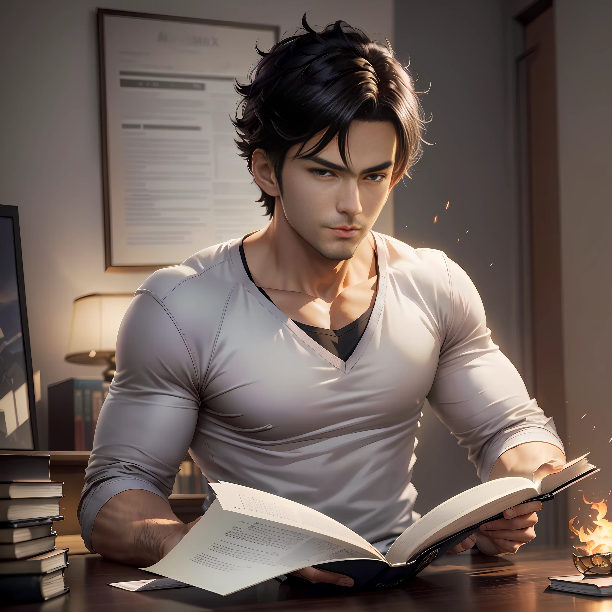 there is a man reading a book at a desk with a fire, anime handsome man, handsome anime pose, range murata and artgerm, dramatic reading spell book pose, 3 d anime realistic, ross tran 8 k, male anime character, ross tran style, highly detailed character, photorealistic human goku, handsome guy in demon slayer art, young anime man