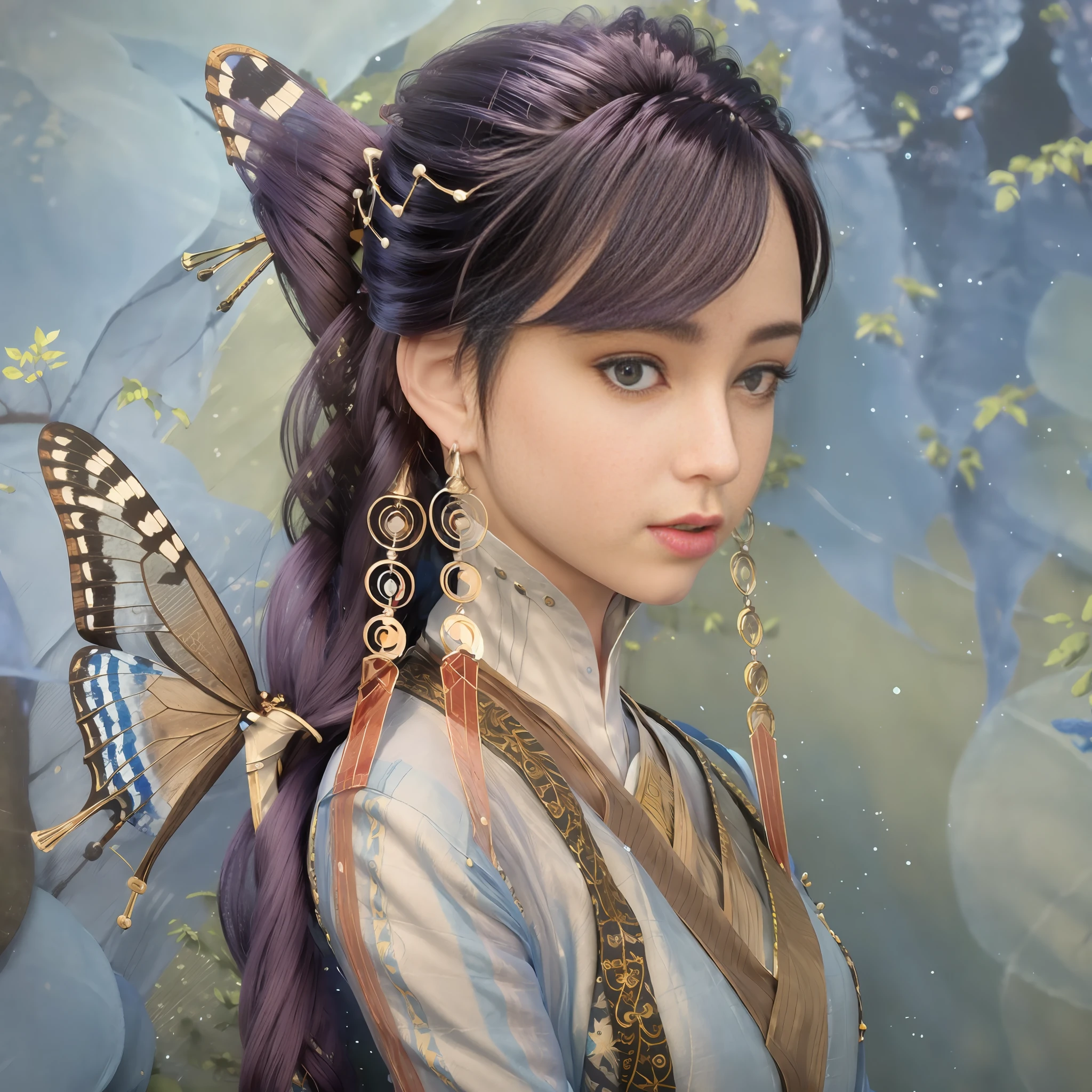 a woman with a flower in her hair and a blue dress with a flower in her hair and a butterfly in her hair, du qiong, real life skin, a photorealistic painting, cloisonnism --auto --s2