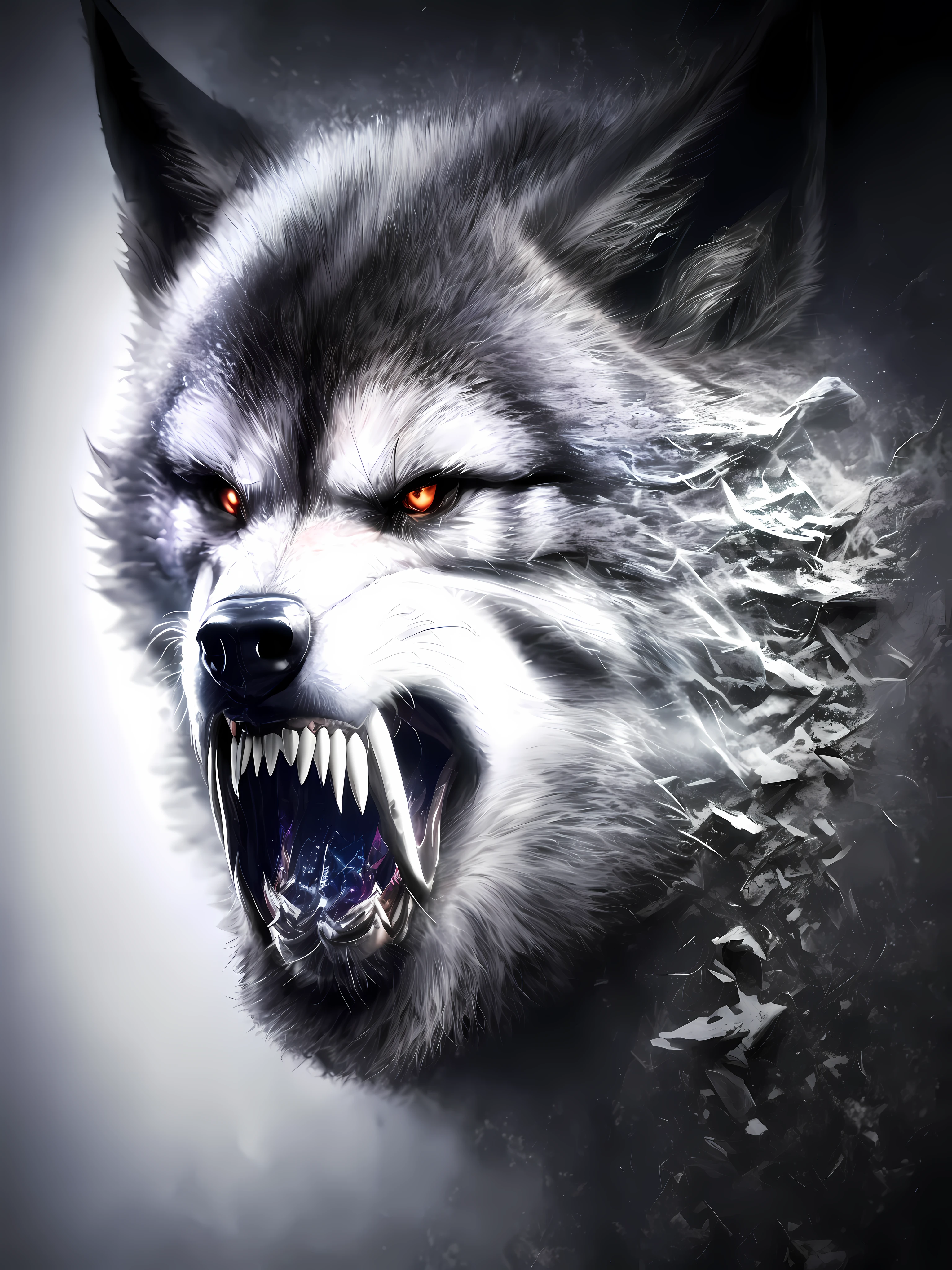 Wolf, demonic, coming out of the wall, white background, hyper realistic,