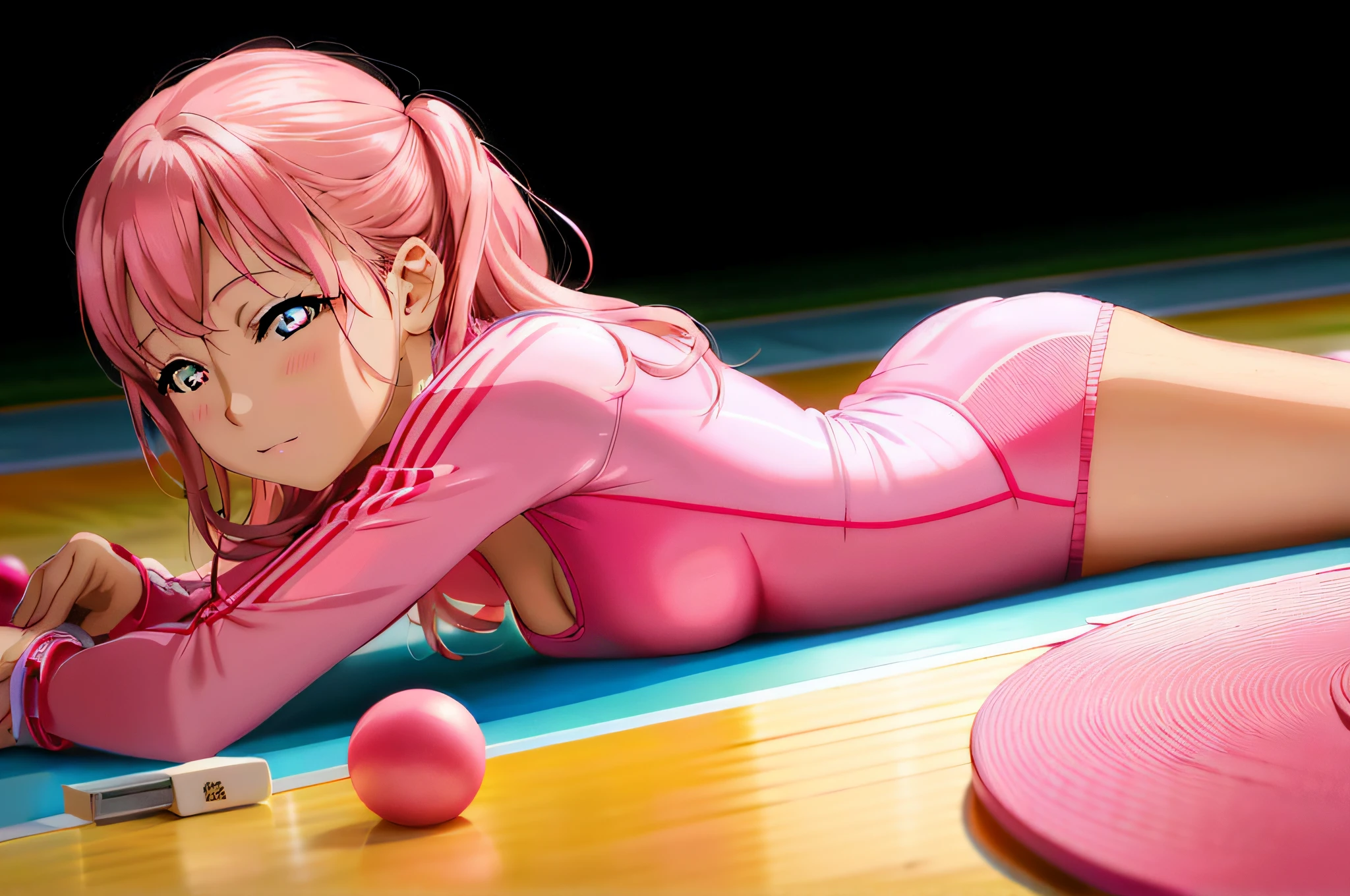 Anime girl lying on table with pink balls and mobile phone, photorealistic anime girl rendering, anime girl, cute anime girl rendering, smooth anime CG art, seductive anime girl, anime real and beautiful anime girl squatting, pink twin tail hair and cyan eyes, Beautiful Charming Anime Teens, Trending on CGSTATION