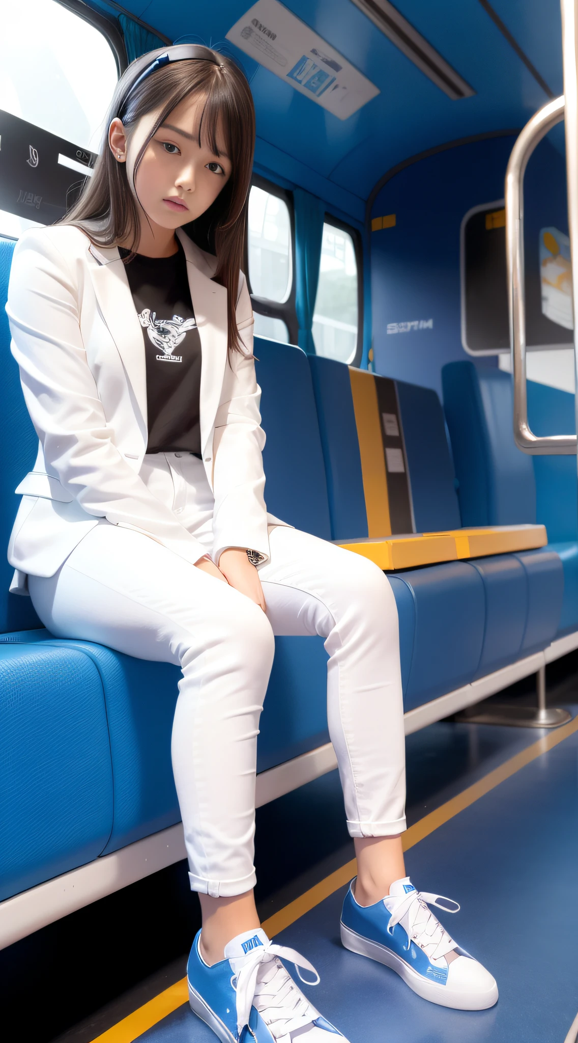 A girl in a white suit and blue skinny jeans with sneakers sits inside the bus