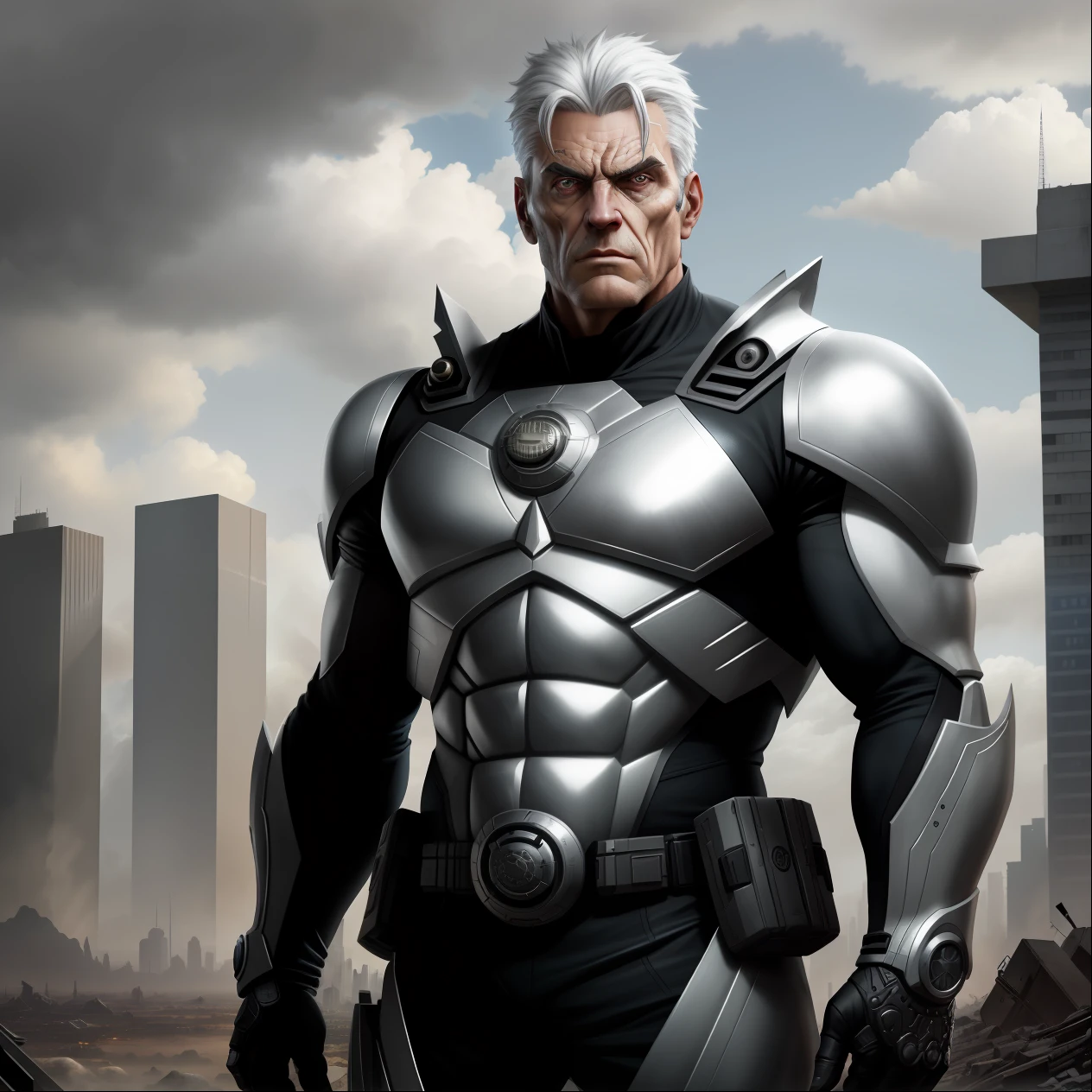 A silver-haired superhero, bright gray outfit, imposing, post-apocalyptic setting, 4k, realism, high definition, professional, intricate details.