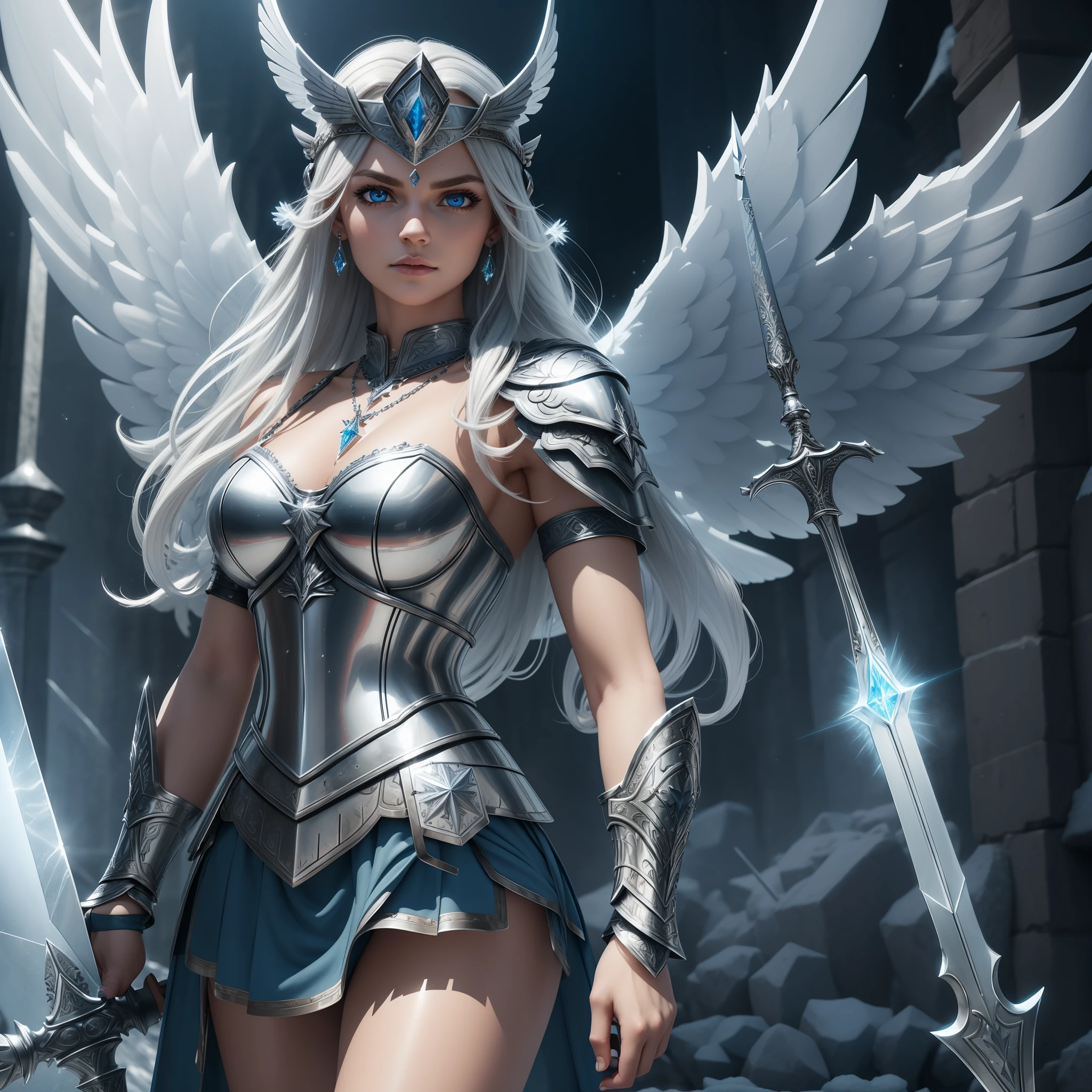 ((Best Quality)), ((Masterpiece)), (Details: 1.4), 3D, 8K RAW, Valkyrie, Long Silver Hair, Ice Crystal Blast, Ice Wings, Hand Ornament, Necklace, Sword in Right Hand, Shield in Left Hand, Headdress, Big Blue Eyes