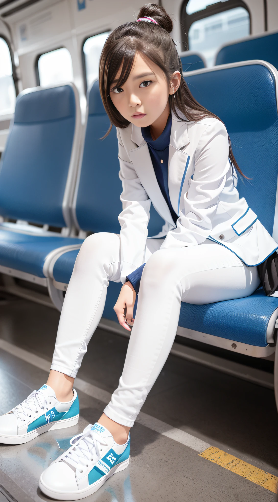 A girl in a white suit and blue skinny jeans with sneakers sits inside the bus