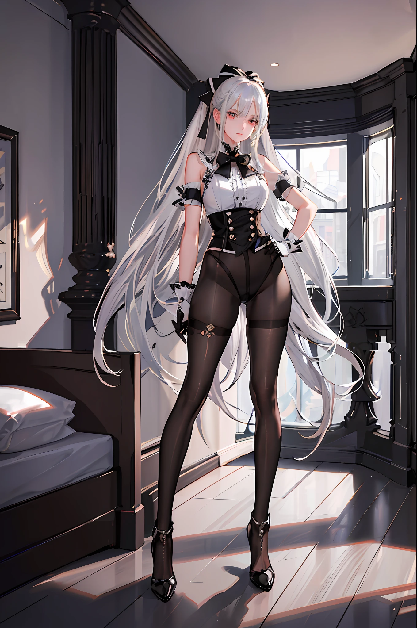(((1 girl)),ray tracing,(dim lighting),[detailed background (bedroom)),((silver hair)),((silver hair)),(Fluffy silver hair, plump slender girl)) with high ponytail))) Avoid golden eyes in the ominous bedroom (((Girl wears intricately embroidered black high-waisted pants with pantyhose) and white ruffled bow gloves), showing a delicate slender figure and graceful curves, correct limbs, standing