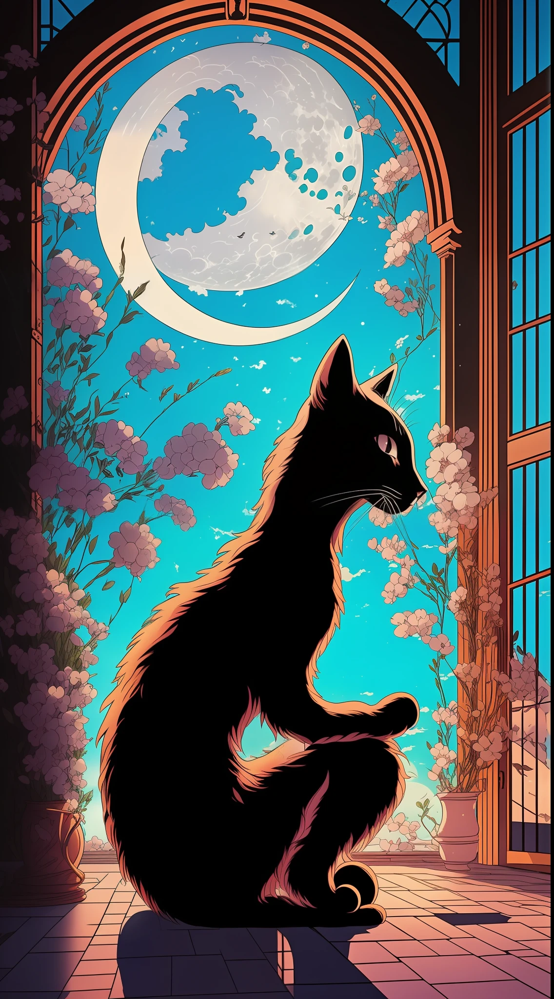 Black silhouette, a cat squatting on the windowsill, huge arched window, looking at the moon, tranquility, melancholy, fairy tale style, two-dimensional, Hayao Miyazaki --auto --s2