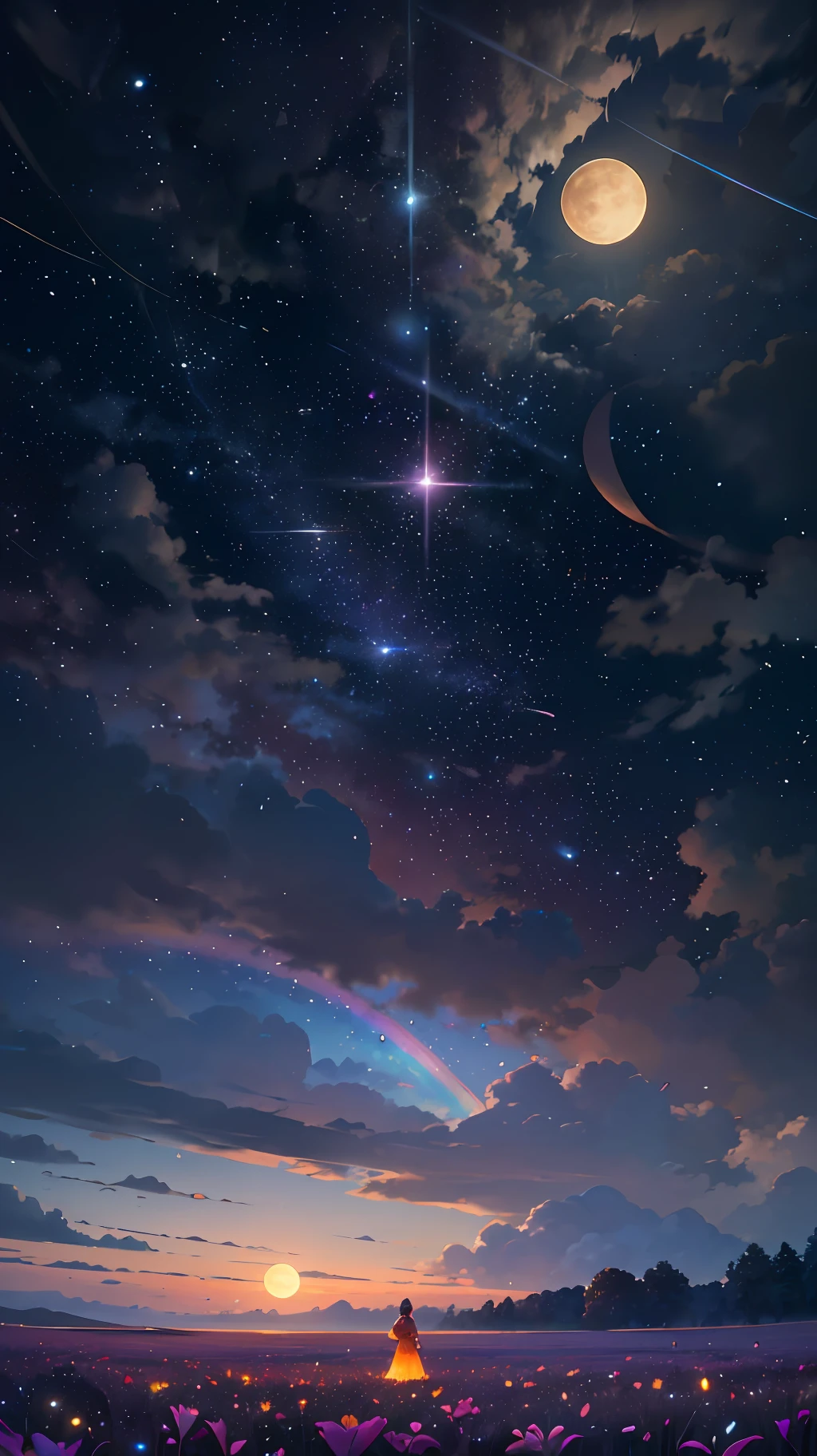 Vast landscape photo, (viewed from below, the sky is above and the open field is below), a girl standing on a flower field looking up, (full moon: 1.2), (meteor: 0.9), (nebula: 1.3), distant mountains , Trees BREAK Crafting Art, (Warm Light: 1.2), (Fireflies: 1.2), Lights, Lots of Purple and Orange, Intricate Details, Volumetric Lighting, Realism BREAK (Masterpiece: 1.2), (Best Quality), 4k, Ultra-Detailed, (Dynamic Composition: 1.4), Very Detailed, Colorful Details, (Rainbow Colors: 1.2), (Glow Lighting, Atmospheric Lighting), Dreamy, Magical, (Solo: 1.2) --auto --s2