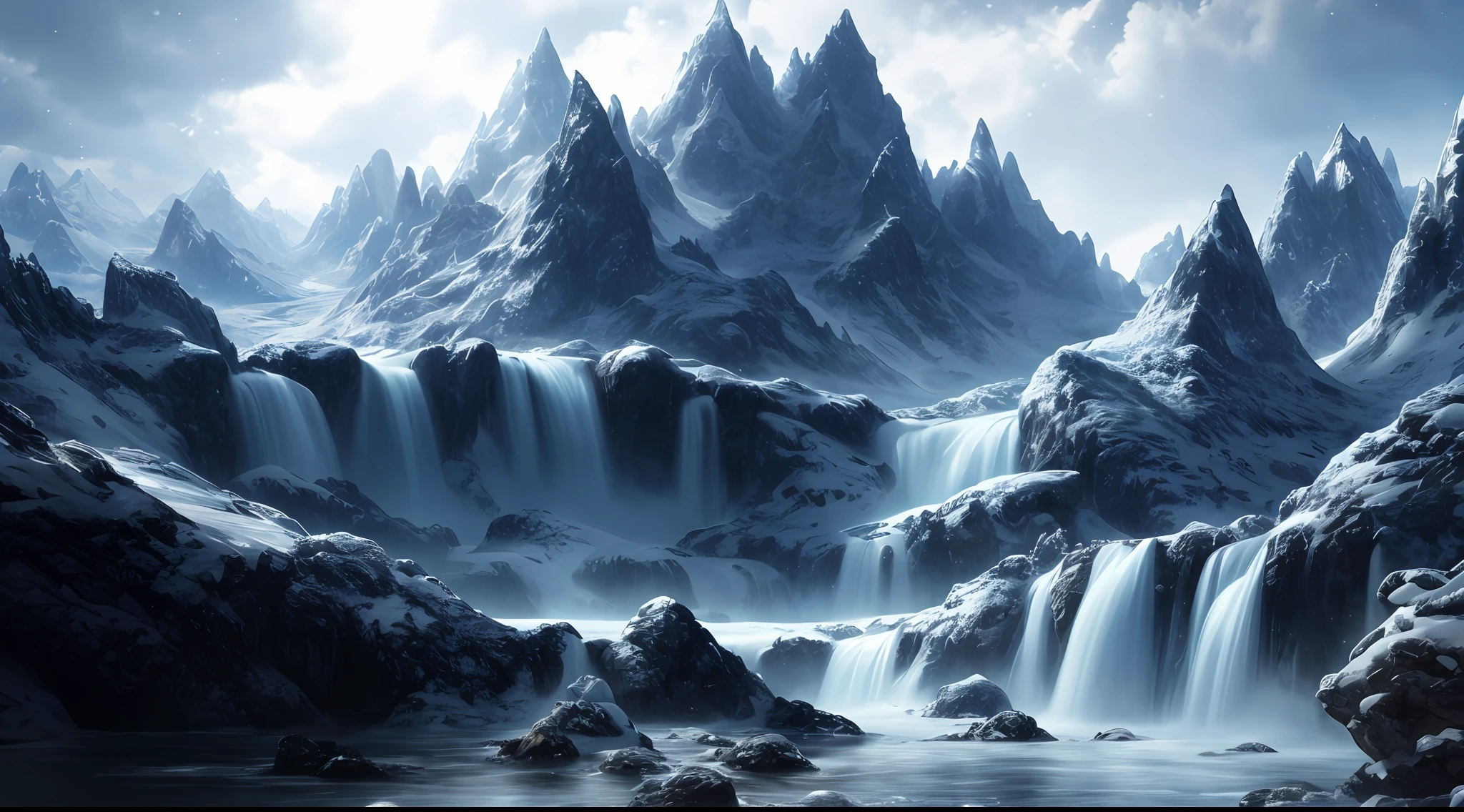 Masterpiece, Best Quality, High Quality, Highly Detailed CG Unity 8k Wallpaper, Halla Mountain, Snow, Winter, Outdoor, Sky, Day, Landscape, Water, Trees, Blue Sky, Waterfall, Nature, Lake, River, Cloudy Sky, Award Winning Photo, Bokeh, Depth of Field, HDR, Bloom, Chromatic Aberration, Photorealism, Very Detailed, Trending at Artstation, Trend at CGsociety, Complex, High Detail, Dramatic, Art of Medium Travel
