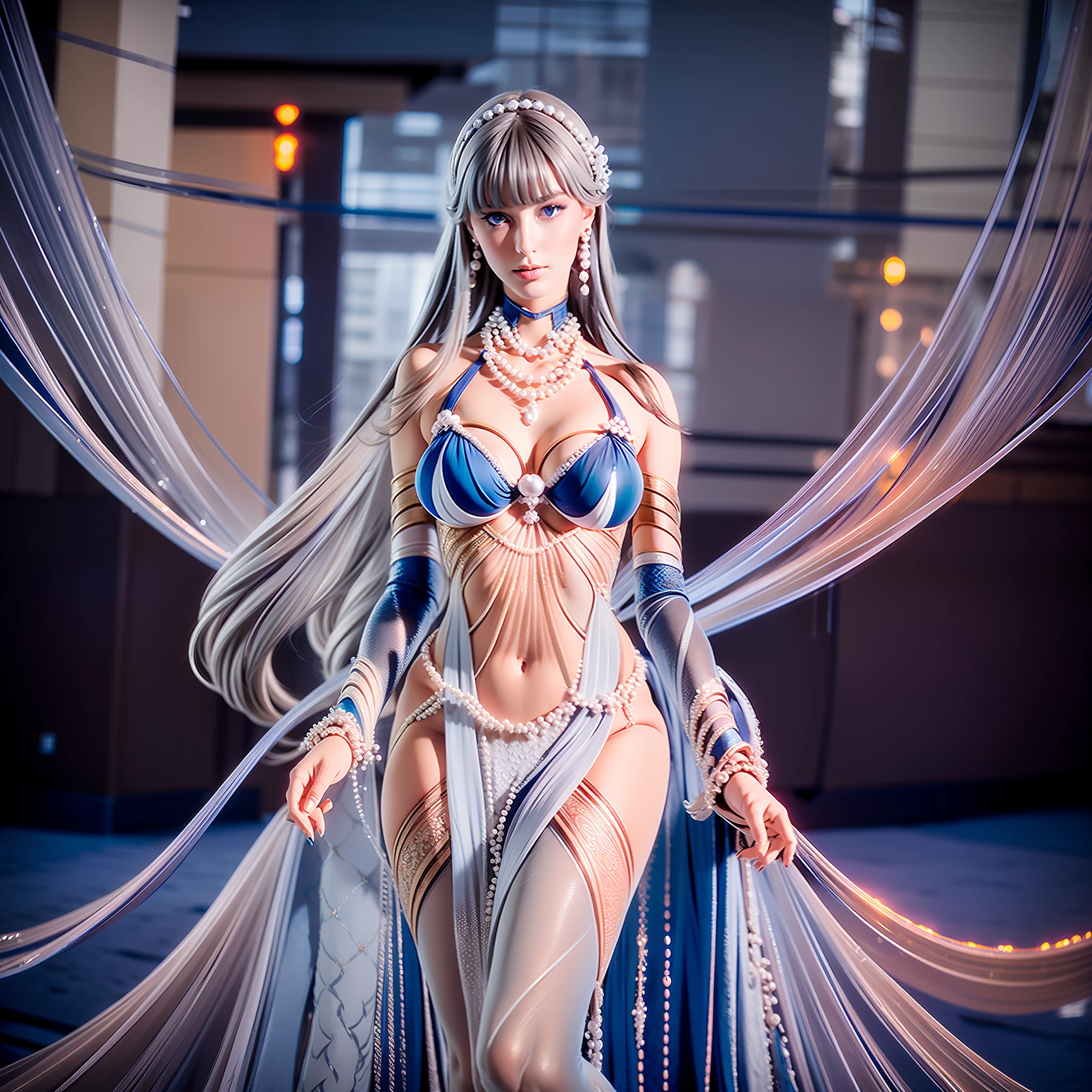 30 years age Woman, white long hair, elegant long sexy blue dress, Stand inside the underwater city buildings, Smile, face beauty, pearl necklace, wearing a mermaid headband, blue nail polish, blue eyes with a piercing gaze, Zoom in