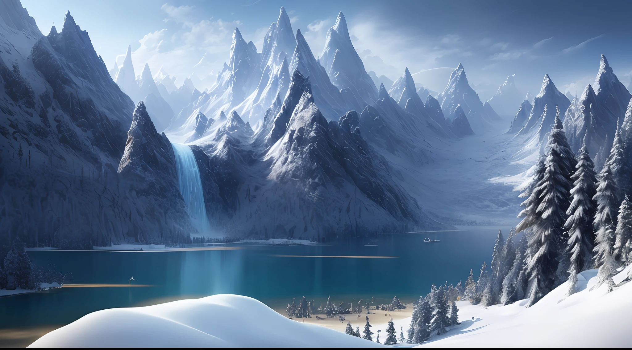 Masterpiece, Best Quality, High Quality, Highly Detailed CG Unity 8k Wallpaper, Halla Mountain, Snow, Winter, Outdoor, Sky, Day, Landscape, Water, Trees, Blue Sky, Waterfall, Nature, Lake, River, Cloudy Sky, Award Winning Photo, Bokeh, Depth of Field, HDR, Bloom, Chromatic Aberration, Photorealism, Very Detailed, Trending at Artstation, Trend at CGsociety, Complex, High Detail, Dramatic, Art of Medium Travel