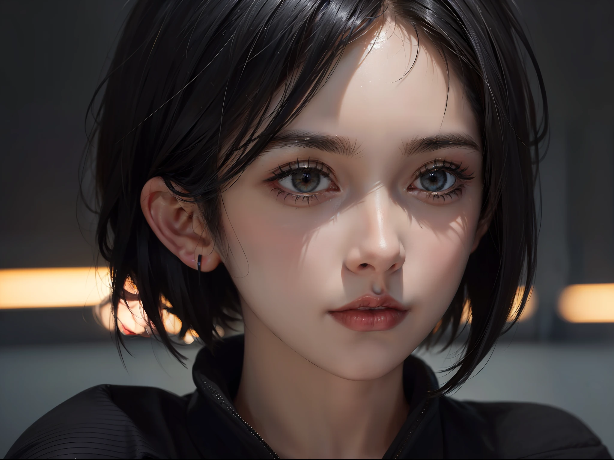 (masterpiece:1.3), (8k, photorealistic, RAW photo, best quality: 1.4), (1girl), beautiful face, (realistic face), (black hair, short hair:1.3), beautiful hairstyle, realistic eyes, beautiful detailed eyes, (realistic skin), beautiful skin, (sweater), absurdres, attractive, ultra high res, ultra realistic, highly detailed, golden ratio
