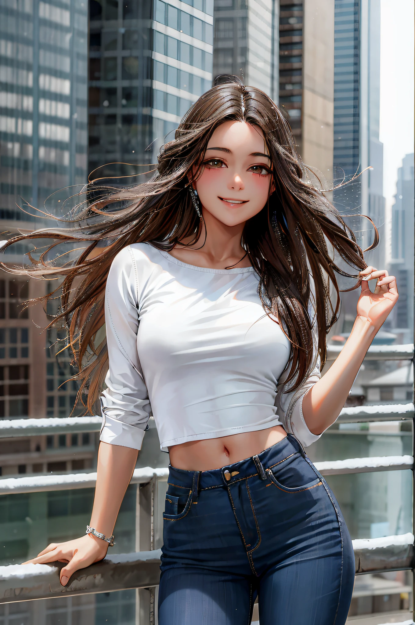 (morning), 1girl, 独奏, 看着观众, winter, cowboy shot, (downtown), cowboy shot, smile, black hair
