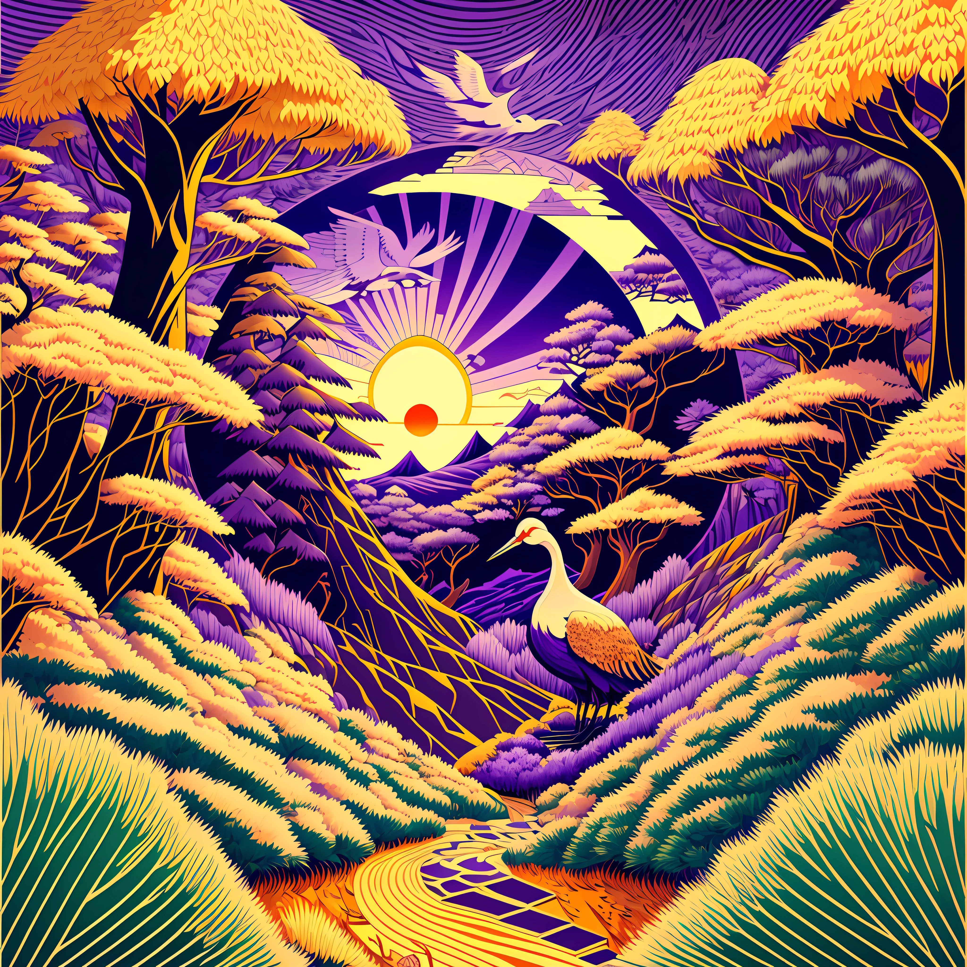 Painting of a japanese crane entering a japanese pine forest, by range murata, a big purple 3d sun in the background, front playing card, vector line art, trending in pixiv, anime concept art, awesome, matte, paul gauguin, van gogh --auto --s2