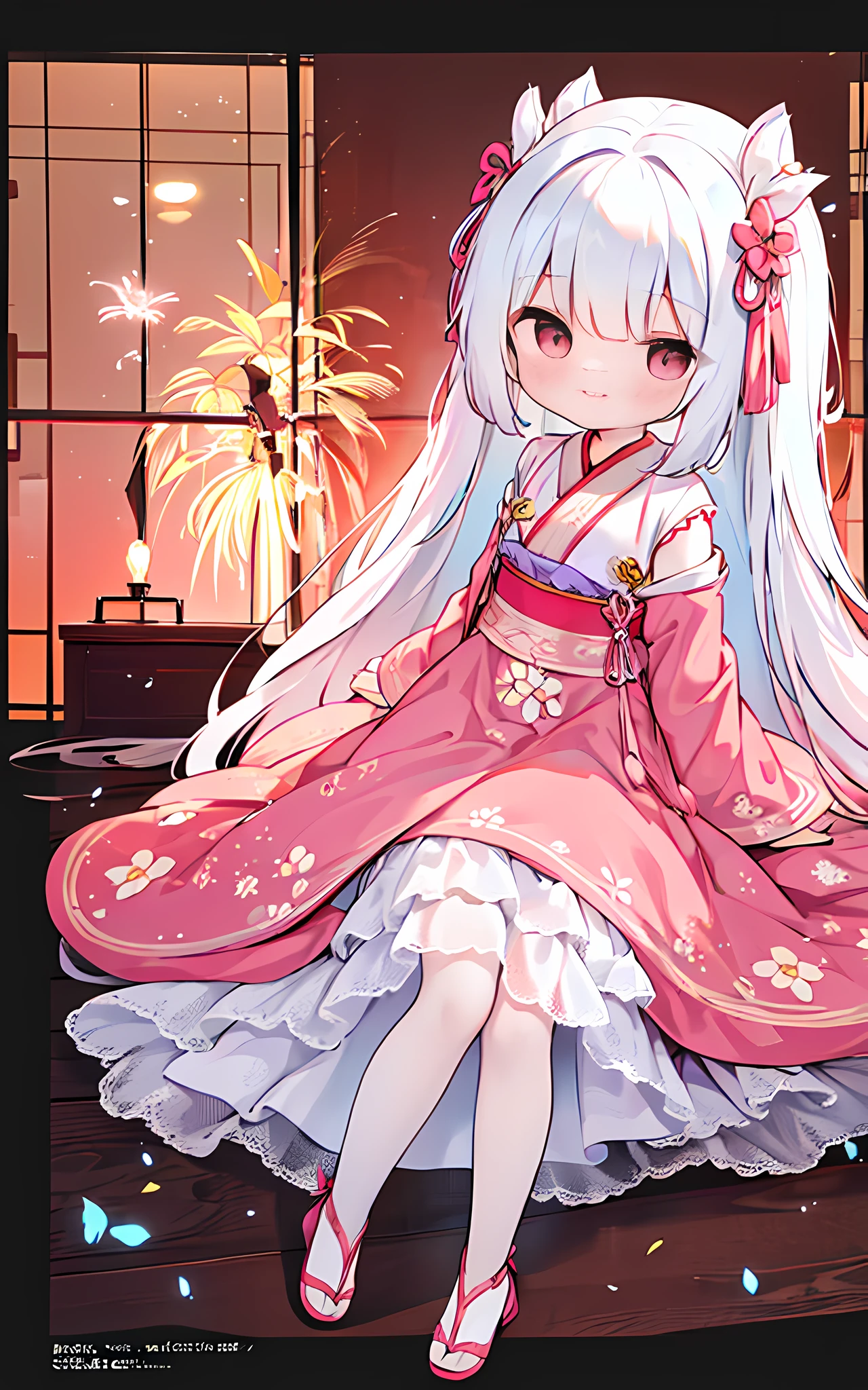 highly detailed,ultra-detailed,best quality,illustration,(Best character details:1.36),very close to viewer
beautiful ancient palace background,Exquisite architecture,(delicate background),(Soft glow:0.8),{bloom},sunlight,red lantern,fireworks, pink flower,
1girl,solo,full body,age:7,,(loli),(girl:0.4),standing,arms behind back,{{smirk}}, dynamic angle,looking at viewer,{{cute}},cute face,narrow waist,(breast:0.9)
beautiful white hair,long hair,floating hair,{{{pink eyes}}},bright_eyes,gradient_eyes,{{zoom in eyes}},Enlarge Eyes
(gorgeou hanfu|white:1.65|red:0.15|golden lace),white stockings,hair ornament,white hair_ribbon,