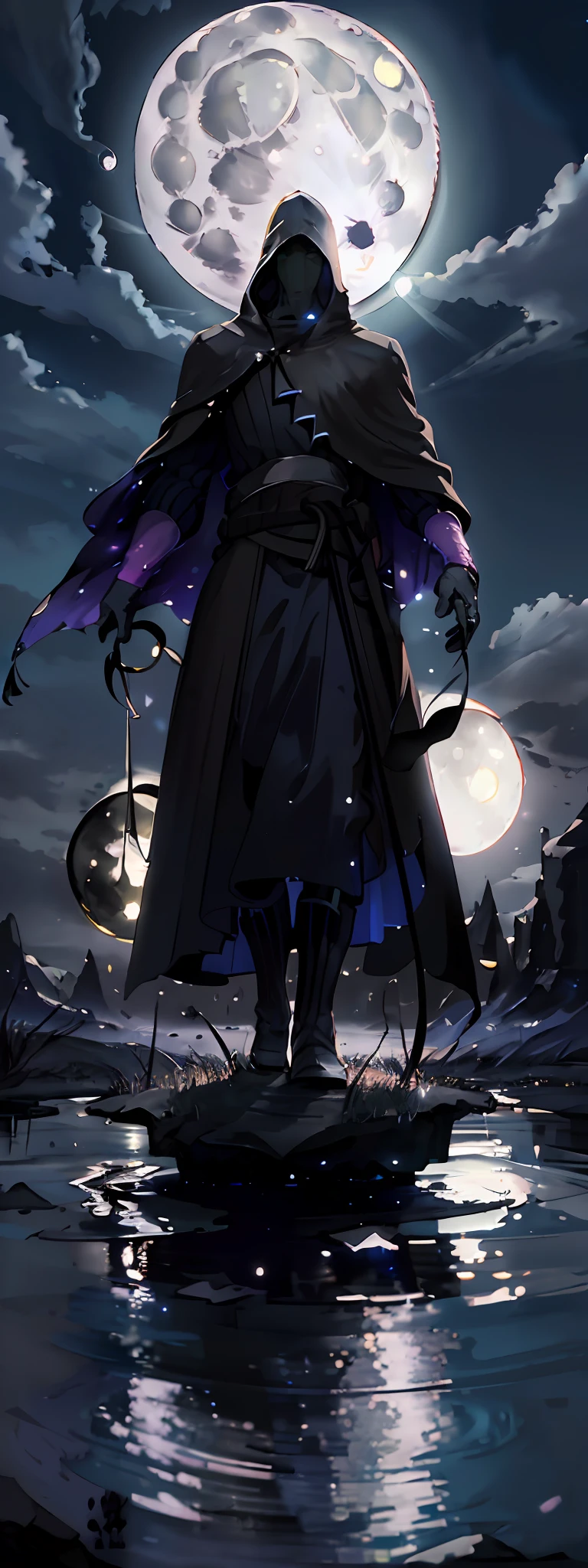 expansive landscape photograph, (a view from below that shows the sky above and open field below), a man dressed in a dark blue cloak, hood over the head, face half covered ((light and shadow play)) standing in a swallow pond in with is reflected the sky looking up, (full moon:2), an atmosphere packed with stars (glowing warm and cold light),clear milky way, ( shooting stars:1), (nebula:1.3), a distant mountain, trees, (warm light source:1.2), lamp, lot of purple, orange and dark blue, intricate details, volumetric lighting BREAK (masterpiece:1.2), (best quality), 4k, ultra-detailed, (dynamic composition:1.4), highly detailed, colourful details,( iridescent colors:1.2), (glowing lighting, atmospheric lighting), dreamy, magical, (solo:1.2)