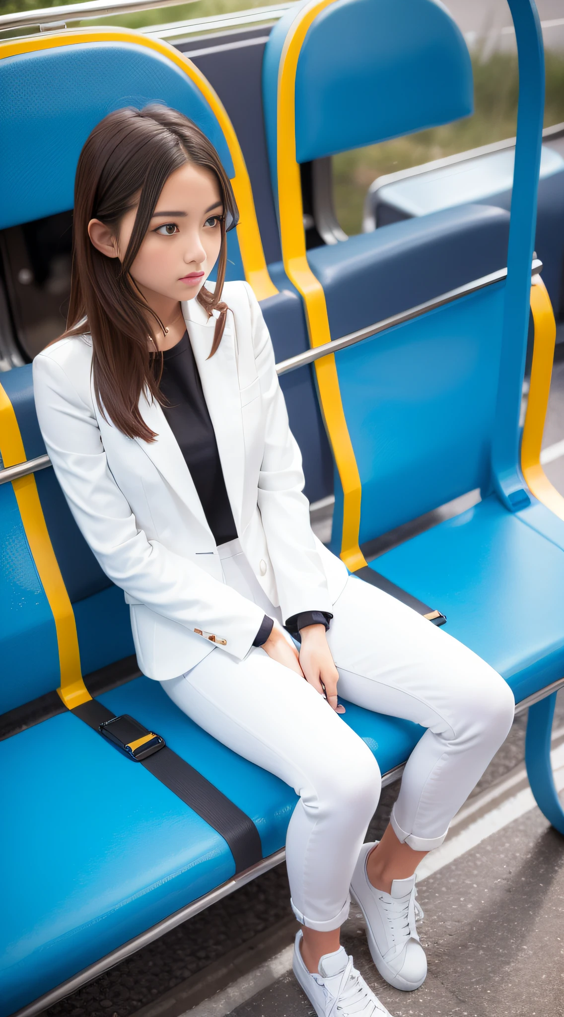 A girl in a white suit, blue skinny jeans, sneakers sits inside the bus
