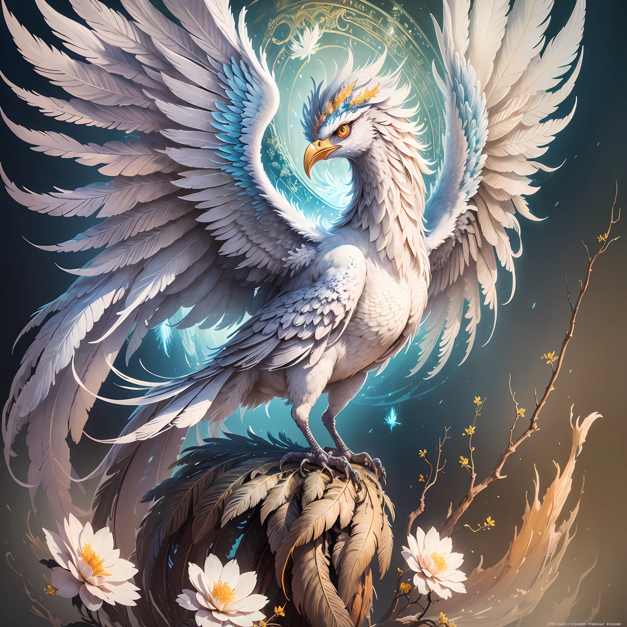 (Concept Art + Surrealism), (Ultra Detailed CG 3D Oil Painting, Majestic Phoenix Bird White Frost Feathers + Surreal Background Flowers), (Watercolor Effect + Oil Painting Effect + Magic Effect), (Fantasy + Fairy Tale) --auto --s2