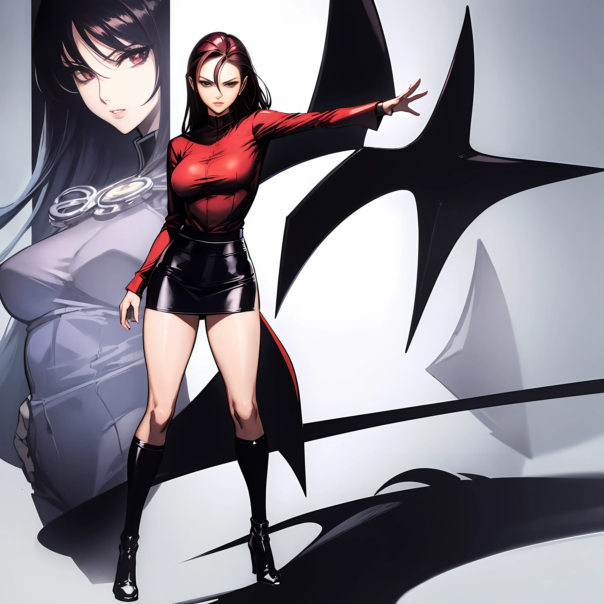 Masterpiece, manga master work, great anime, a beautiful underworld woman, gangster movie female BOSS, wearing a red silk shirt, black tight skirt standing under the empty night stars, full body standing, tall figure, slender legs, facial details, detailed body part details, side full body, 8k wallpaper