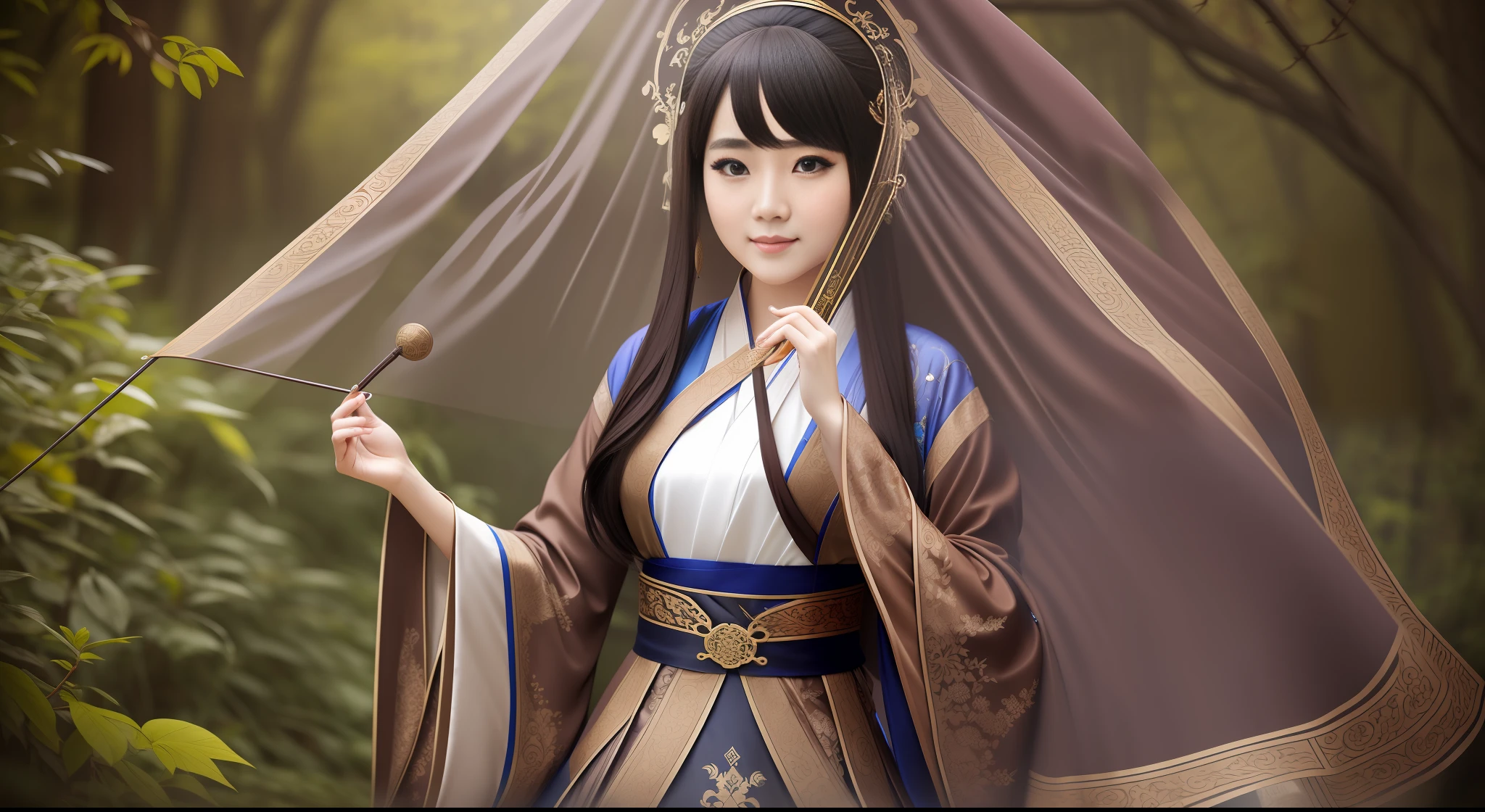 1 woman, magic style, magic, veil, conservative, brown, hanfu,