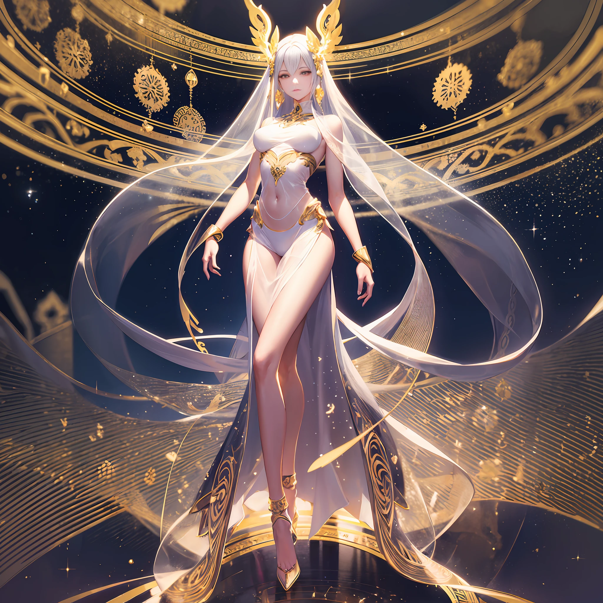 Masterpiece, a beautiful void goddess, gorgeous clothes on gold pattern, full body white transparent bikini standing under empty night stars, disappeared transparent pants, full body standing, tall figure, slender legs, facial details, detailed body part details, 8k wallpaper