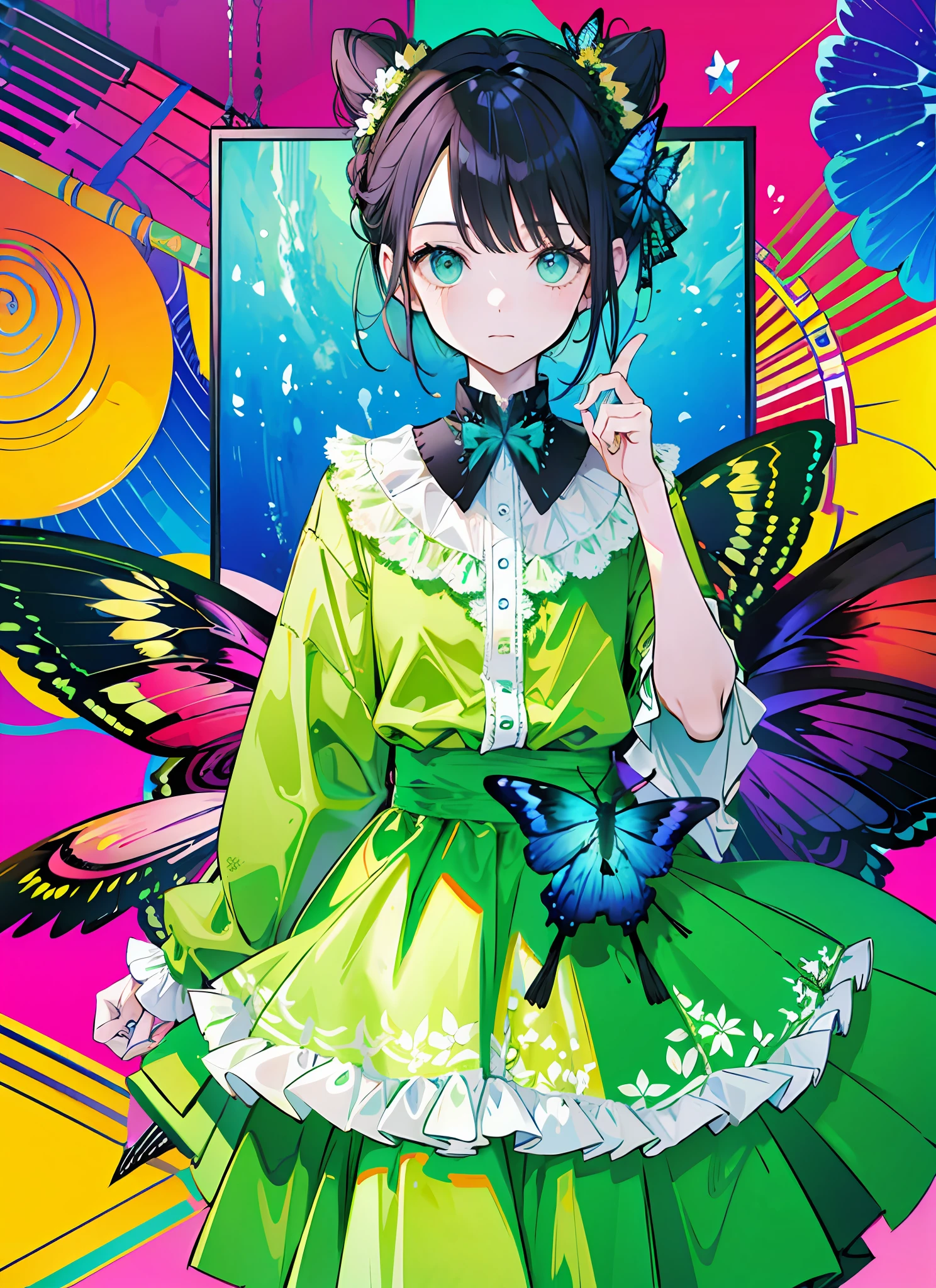 (flat color:1.3),(colorful:1.3),(masterpiece:1.2), best quality, masterpiece, original, extremely detailed wallpaper, looking at viewer,1girl,solo,arafed image of a woman sitting on a bed with green flowers, candy pastel, candy, candy girl, magazine photo, photo for magazine, green dress editorial photo from magazine, magazine, fashion magazine photography, cover shot, candy colors, photo for a magazine, cover story, fashion magazine editorial, magazine scan, magazine photoshoot,bun hair,black hair,green butterfly