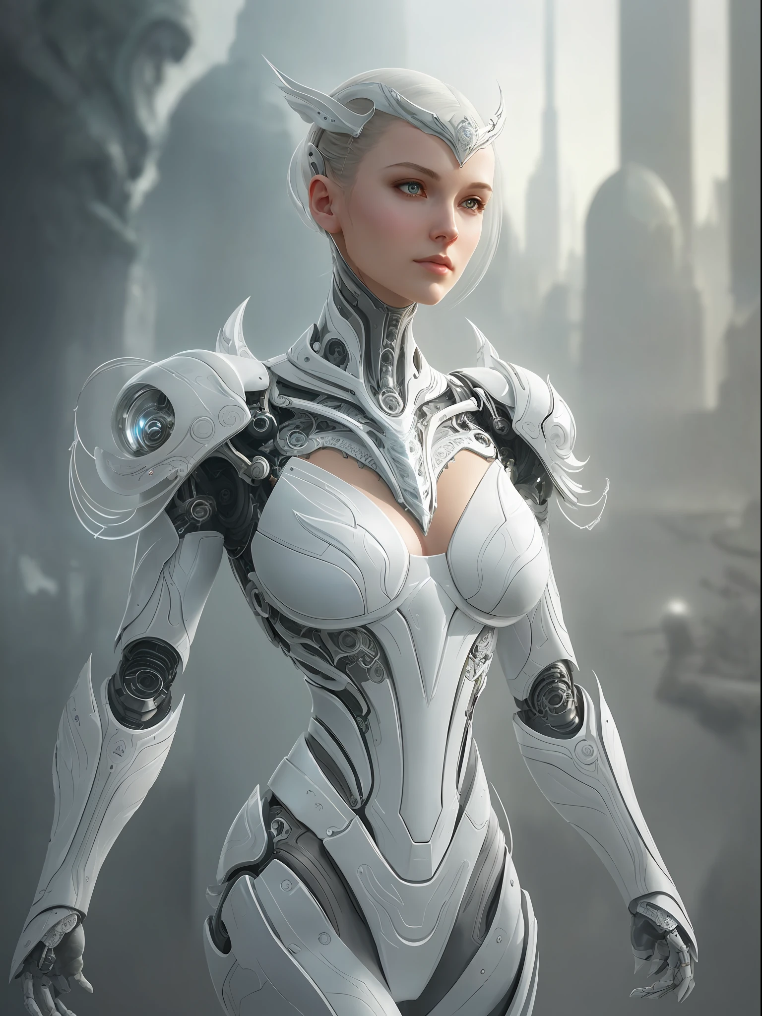 organic cyborg, white plastic, diffuse lighting, fantasy, intricate, elegant, highly detailed, lifelike, photorealistic, digital painting, artstation, illustration, concept art, smooth, sharp focus, art by John Collier and Albert Aublet and Krenz Cushart and Artem Demura