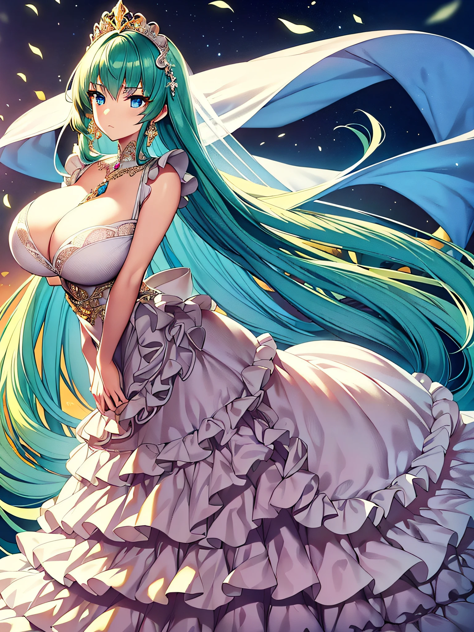 ((anime moe artstyle)),(Masterpiece),(Best Quality), (Super Detail),Illustration,((Very Delicate and Beautiful)),Focus on character,Dynamic Angle,Looking at viewer,(((Solo))),((Full body)),(((one gorgeous princess in ball gown with a voluminous skirt))),detailed face and eyes,jewel-like eyes,((Very Long Hair)),(gorgeous embroidery and lace),See-through,ornate ruffles,(gigantic breasts,Long breasts),jeweled ballgown,(gorgeous ball gown with a voluminous skirt),