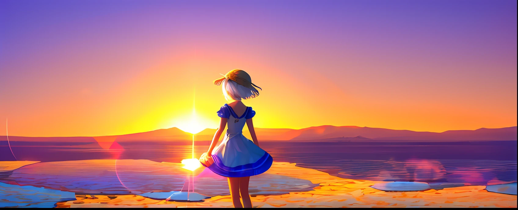 1girl, masterpiece, extremly detailed, (beautiful detailed glow), lens flare, white hair, short hair, floating hair, looking back, back behind, smile, blue eyes, white dress, medium breasts, upper body, wide shot, straw hat, ((salar de uyuni)), sunrise, clouds, backlighting, purple sky, yellow sky, gradient sky, hands on hat