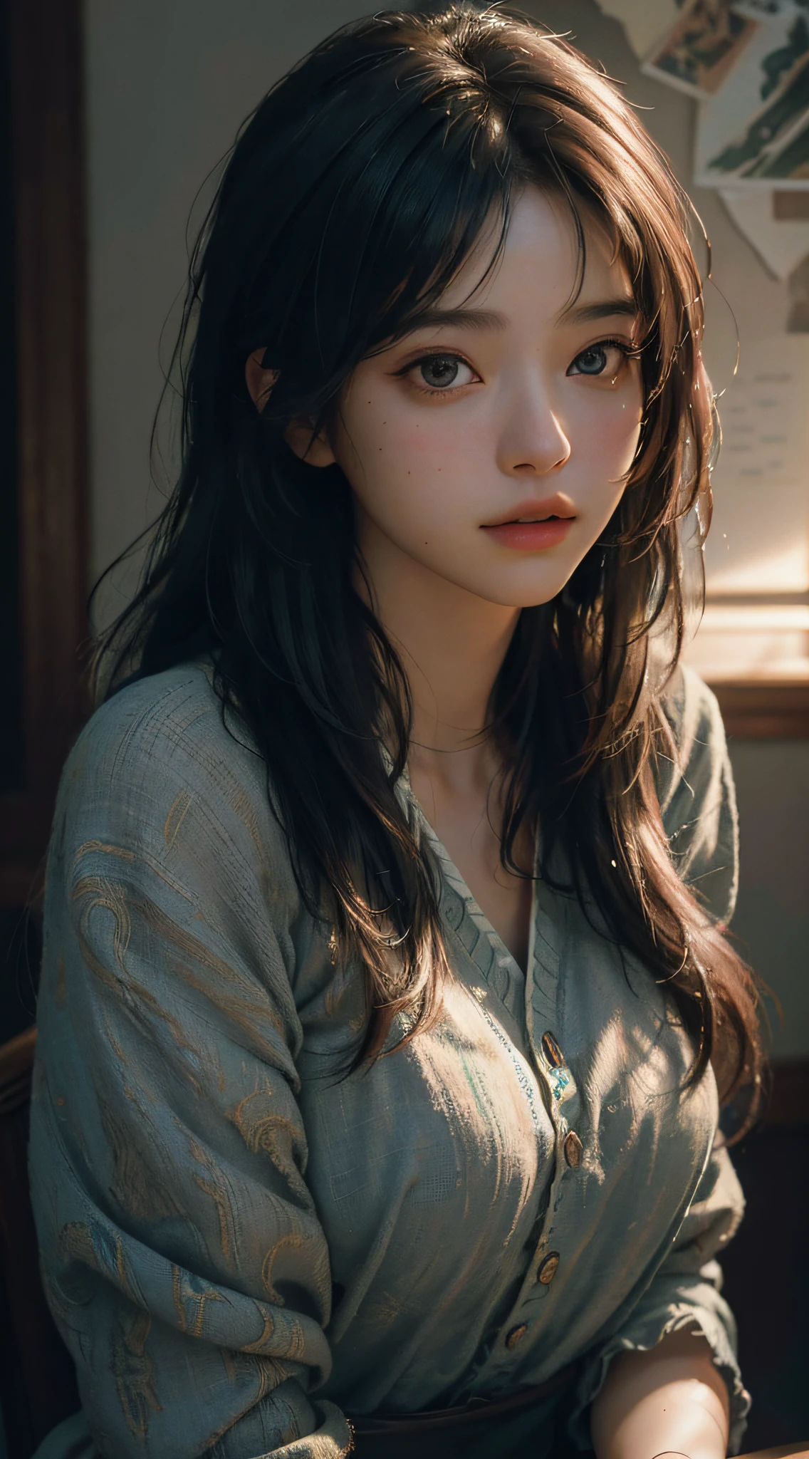 (RAW photo, best quality), (realistic, photo-realistic:1.3),best quality,highly detailed,masterpiece,ultra-detailed,illustration,1girl,upper_body,dynamic angle,world masterpiece theater,messy_long_hair,best quality,extremely detailed CG unity 8k wallpaper,ink,Amazing,cinematic lighting,lens_flare, dunhuang_style