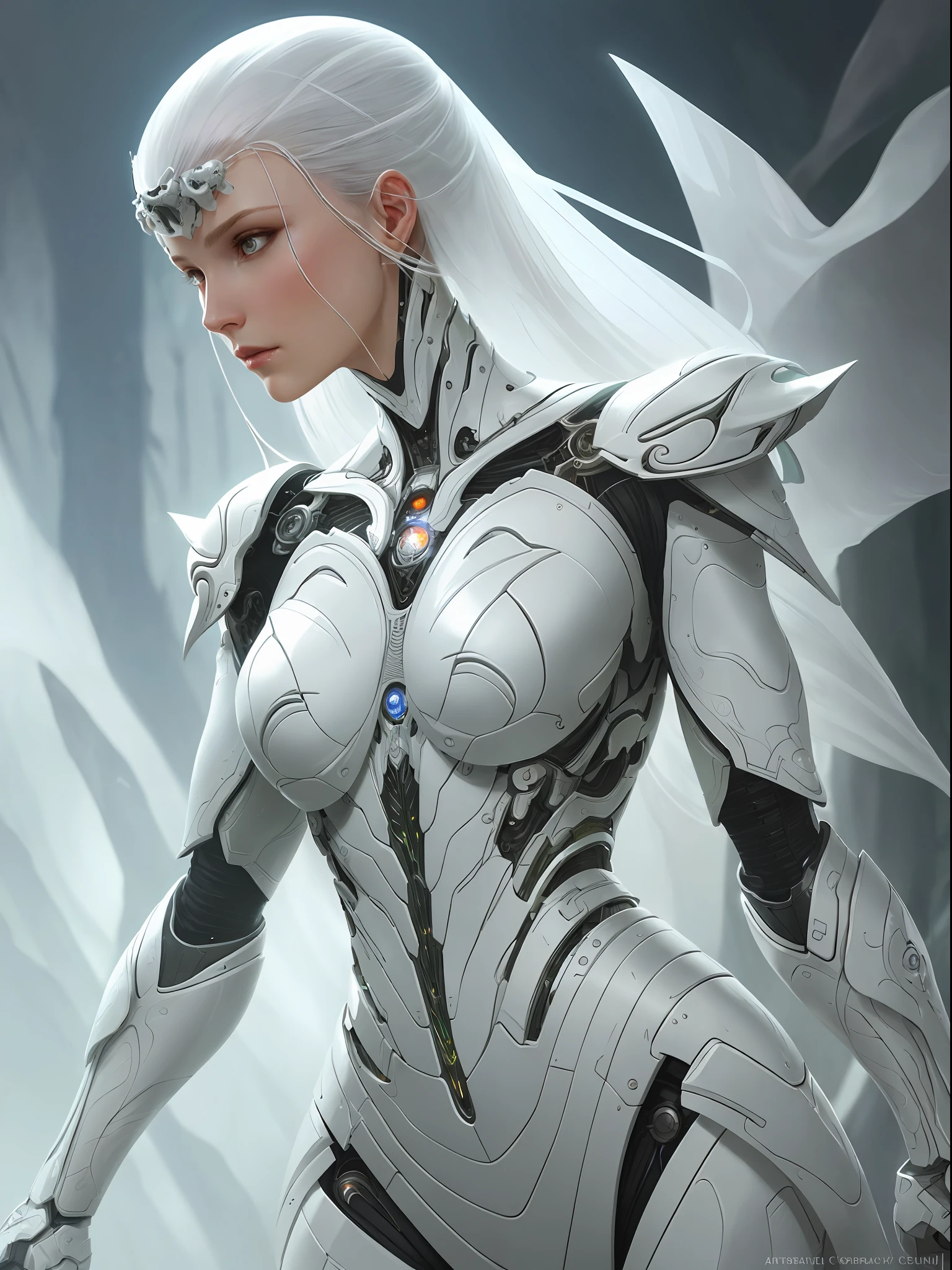 organic cyborg, white plastic, diffuse lighting, fantasy, intricate, elegant, highly detailed, lifelike, photorealistic, digital painting, artstation, illustration, concept art, smooth, sharp focus, art by John Collier and Albert Aublet and Krenz Cushart and Artem Demura